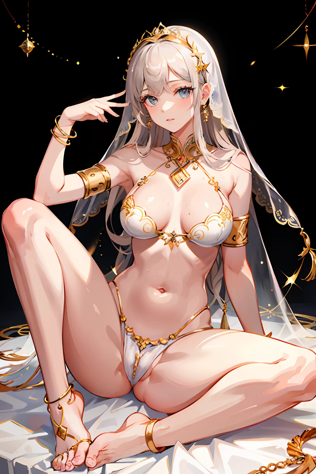 Masterpiece, Best quality,
1girll, Night, Nineveh, Meteor shower background, Ultra-detailed, Solo, (Curvy:1.1), (Wavy hair:1.1), (breasts parted:1.3), groin, , neck rings, armlets, Bracelet, (upper legs:1.2), (White veil:1.2), (hair adornments:1.1), pierced navel, (chain:1.1), (gold:1.3), (Golden decoration:1.2), Rose, Sweat, Spread legs, Sitting, Arm Raised, full bodyesbian, anklet, Barefoot, on top of the bed, Vaginal sulcus,((female genital))),Meat urinal,No top,dewpoint