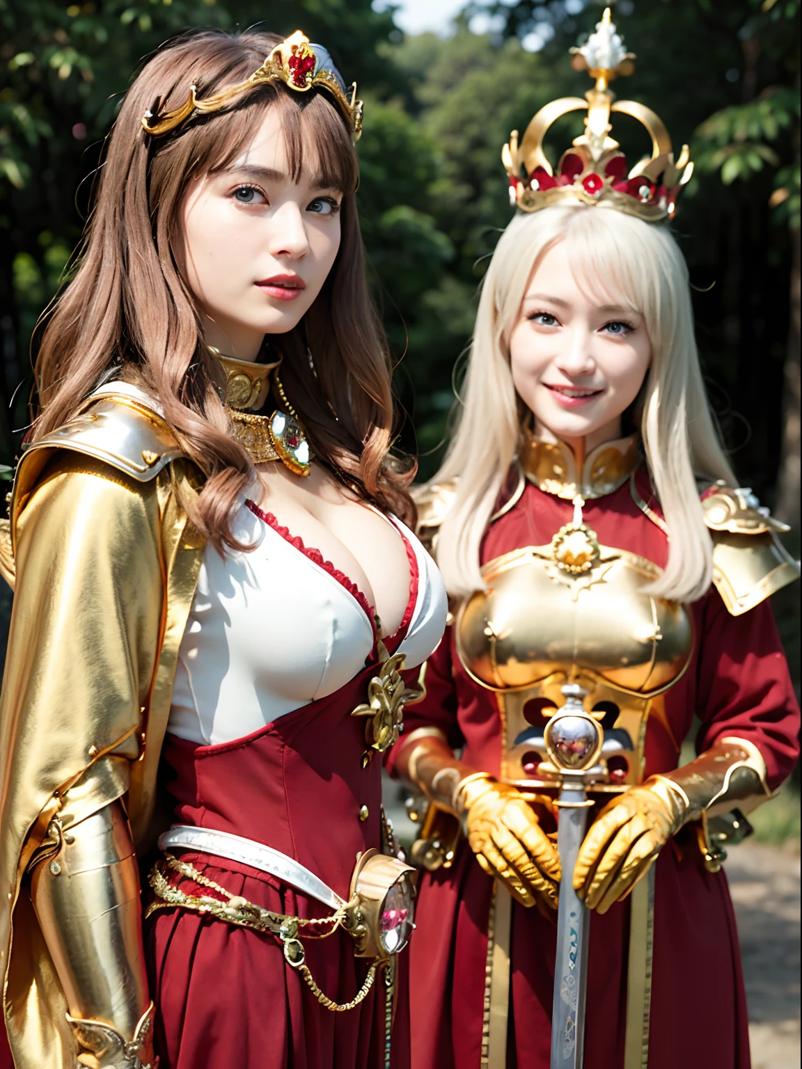 (masutepiece), Professional , masterpiece、top-quality、photos realistic , depth of fields (Gemstone Silver Metal Body:1.9),Background inside the castle、(Matte Red、Jewel Gold Weapon(Jewel Metal Body:1.4),(Gorgeous metal weapons) , Detailed Sword of the Brave , Beautiful knife ,warhammer 40k , adepta sororitas,(a blond),Detail and ornate jewel crown、Golden hair、Gangle's forest background、Beautiful Caucasian beauty、1a person、dynamic ungle,(((Detailed and ornate diamond crown)))、Smaller head、A smile、Powerful poses、Background inside the castle、Thin and beautiful female hands、Old ancient ruins、A smile、cleavage of the breast、