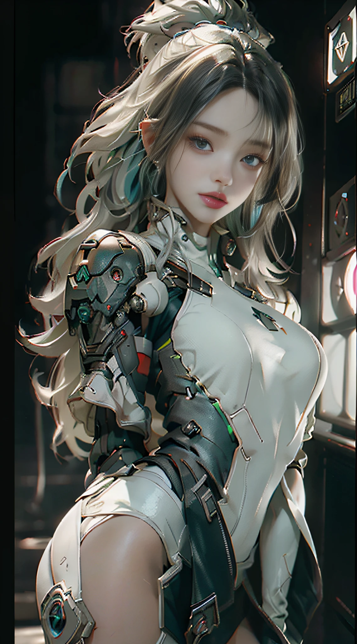 ((best quality)), ((Masterpiece)), (details:1.4), 3d, delicate big eyes,The clothes are tight.,detailsของรูม่านตาสีดำขนาดใหญ่,big girl, blonde hair, high ponytail, Portrait of a beautiful cyberpunk woman.,HDR(high dynamic range),Ray traching,nvidia RTX,high resolution,Not true 5,subsurface scattering、PBR texture、After the process、Anisotropy filtering、depth of field、big girl,Increase sexinesaximum clarity and clarity of every surface layer.、Albedo and Specular Maps、surface coloring、Accurate simulation of light-material interactions、perfect proportions、Displayed with octane value、Two-color light、large aperture、Low ISO value、white balance、Third rule、8K raw data,