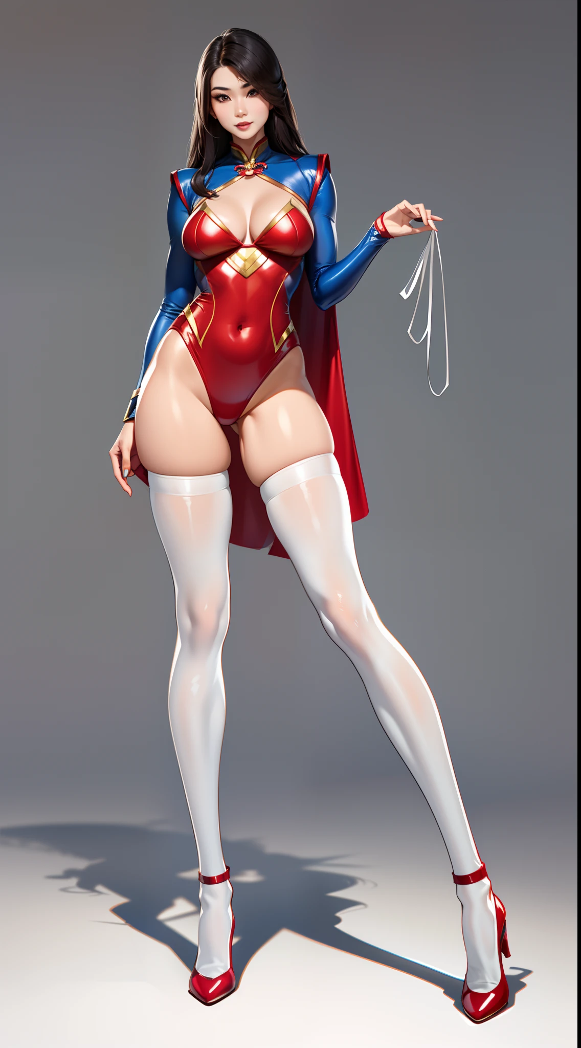 tmasterpiece,(Full body like:1.1),Busty woman,Beautiful and charming Chinese woman face,Superman bikini uniform,white stockings,High-heeled leather shoes, 1female,Thin waist,long leges,nakeness,Raised sexy,Bigchest,Bare breasts,Bare lower body,with no underpants,long and flowing hair