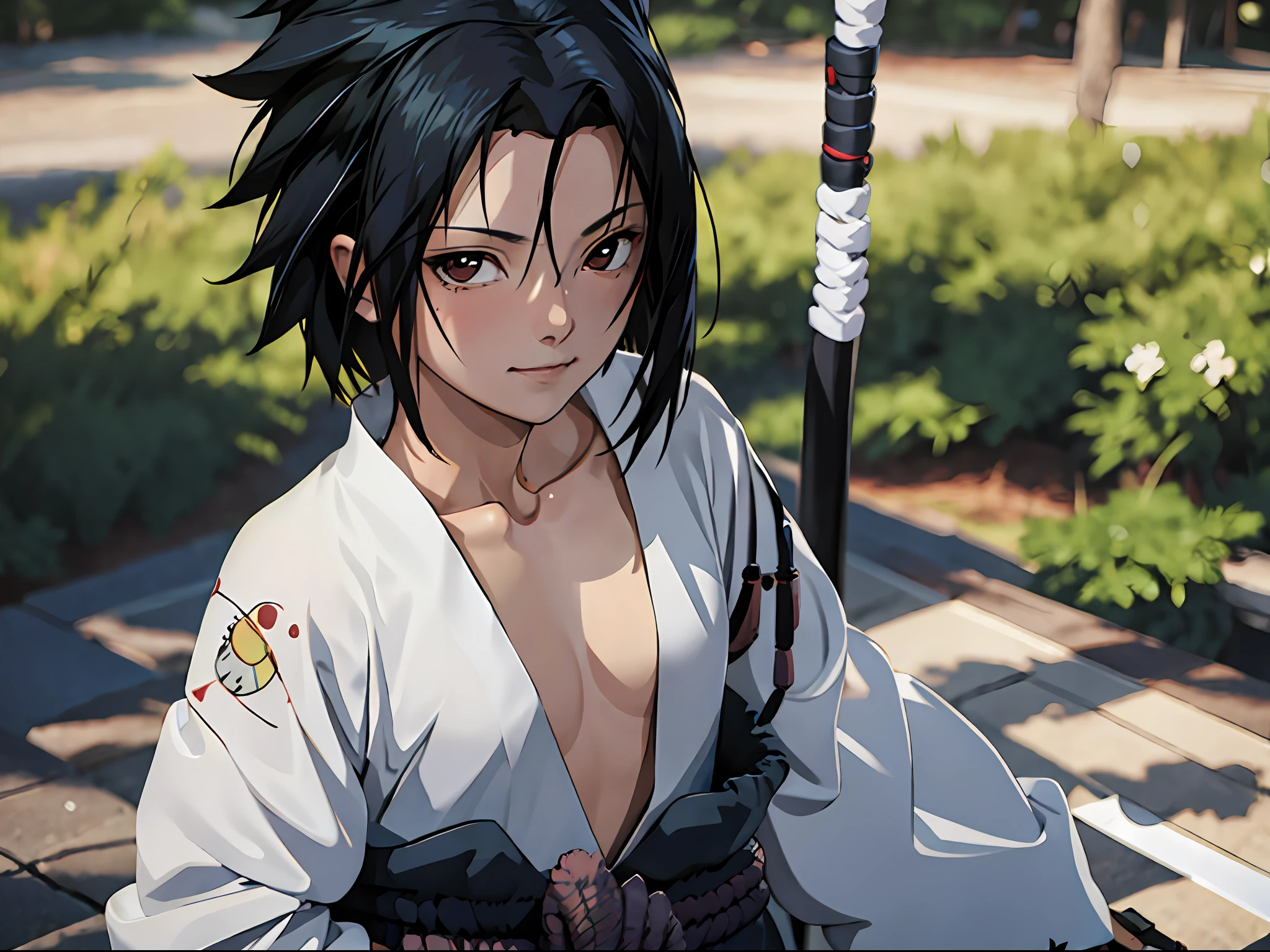 tmasterpiece， Best quality at best， 1girll，sasuke， little breast，（upperbody closeup)，is shy，ssmile，Black hair，Japanese Katana Sword