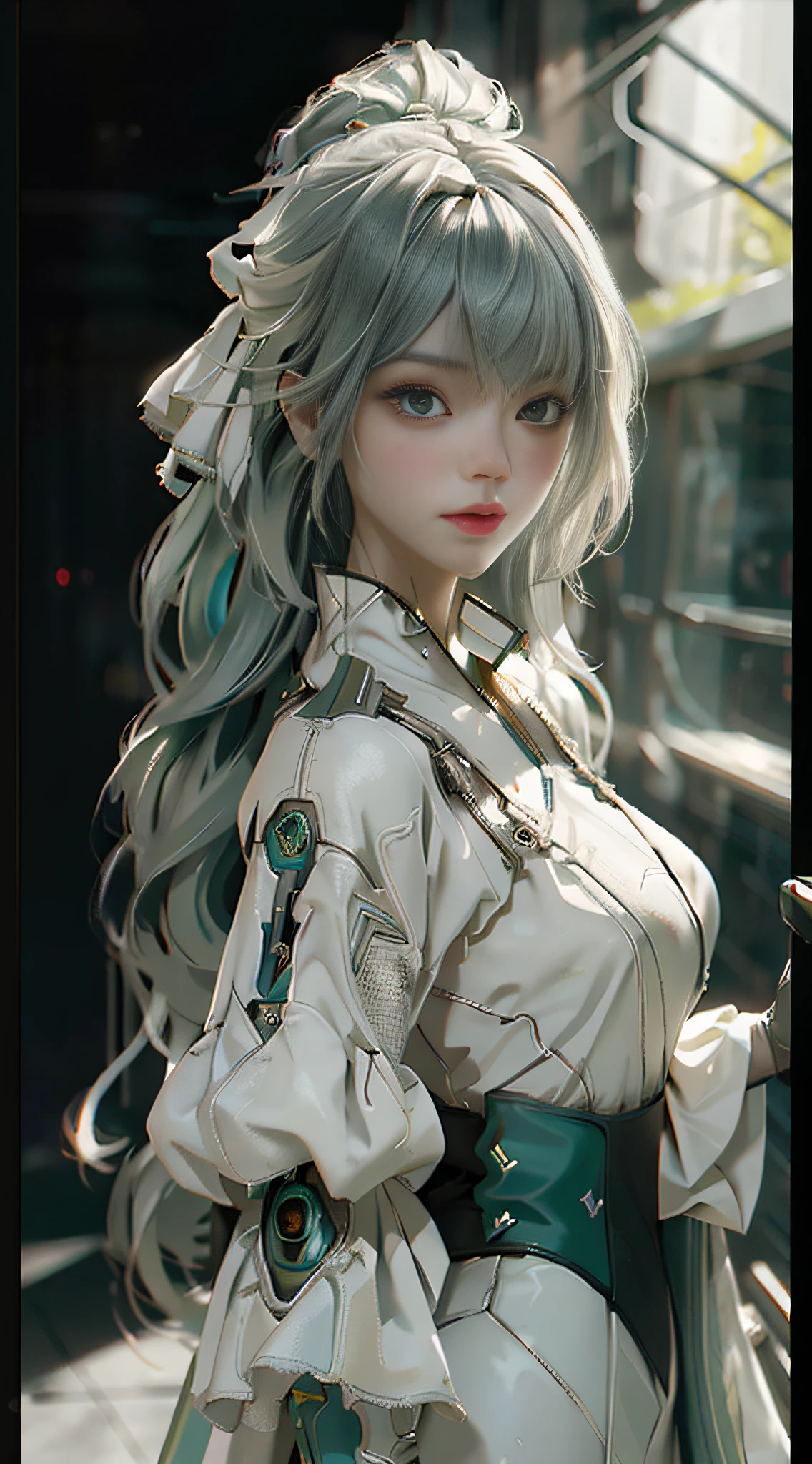 ((best qualtiy)), ((tmasterpiece)), (the detail:1.4), 3D, A beautiful cyberpunk female image,HDR(HighDynamicRange),Ray traching,NVIDIA RTX,Super-Resolution,Unreal 5,Subsurface scattering、PBR Texture、post-proces、Anisotropy Filtering、depth of fields、maximum definition and sharpness、Many-Layer Textures、Albedo e mapas Speculares、Surface Coloring、Accurate simulation of light-material interactions、perfectly proportions、Octane Render、Two-colored light、largeaperture、Low ISO、White balance、the rule of thirds、8K RAW、Combat posture,Green hair,dyna