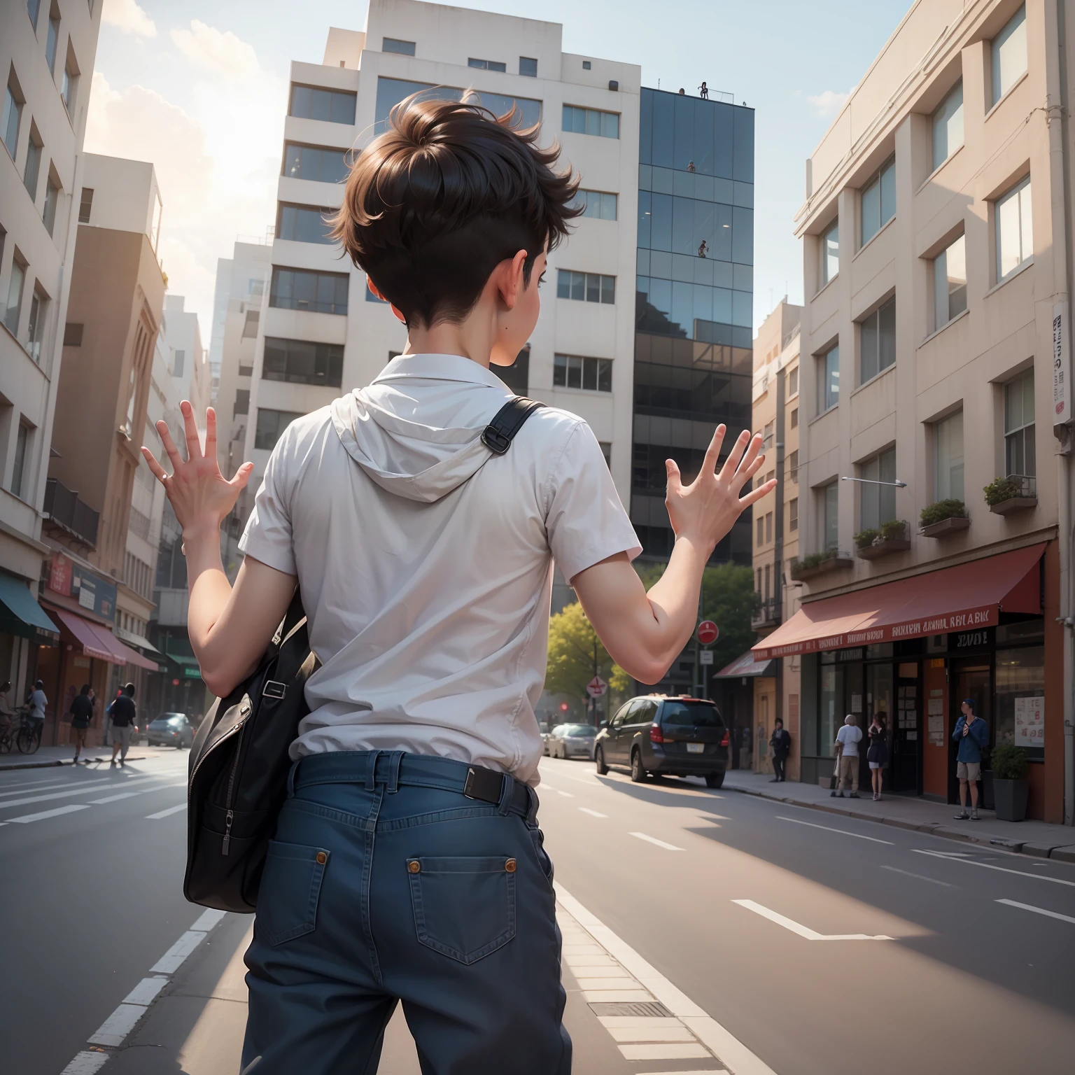 A boy showing his back on the road waving his hands to a cute girl on a building in 3rd very detailed