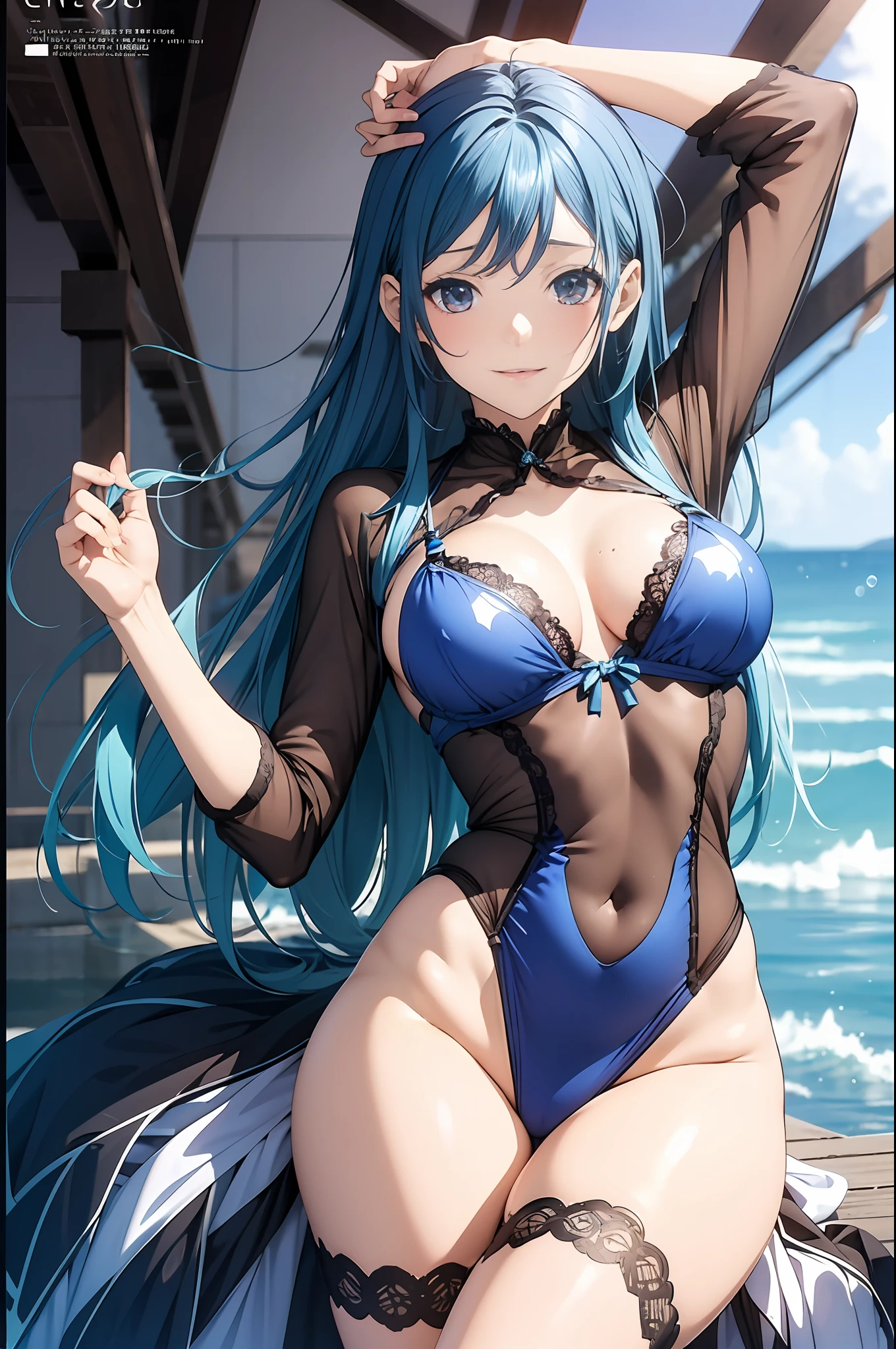 （Enrich the picture，Masterpiece level quality）Beautiful 8K CG artwork，Goddess-like posture，sittinng on the river，Postural exercises，Slim and soft，Translucent skin，Blue hair、The beauty of extra-long hair, Super Long Straight Hair，The skin is fair and juicy，Big breasts underwear uniform，Perspective Part 1.2x enhanced silhouette effect，Exquisite transparent blues pattern in pajamas，The details are intricate and exquisite，The background is slightly blurred，Charming and lustful leg seduction，Drool，J-cup big breasts are oversized，Blush，Japan goddess，Perfect body slim curves，Scene by the sea，