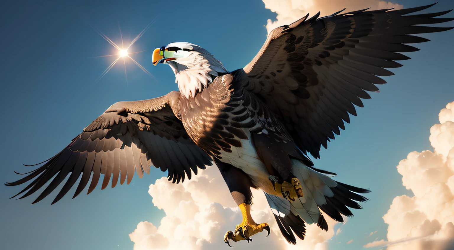 A great eagle flying towards the sky, large wings, Fujicolor, reflection light, sparkle, cinematic lighting, Nikon, UHD, anatomically correct