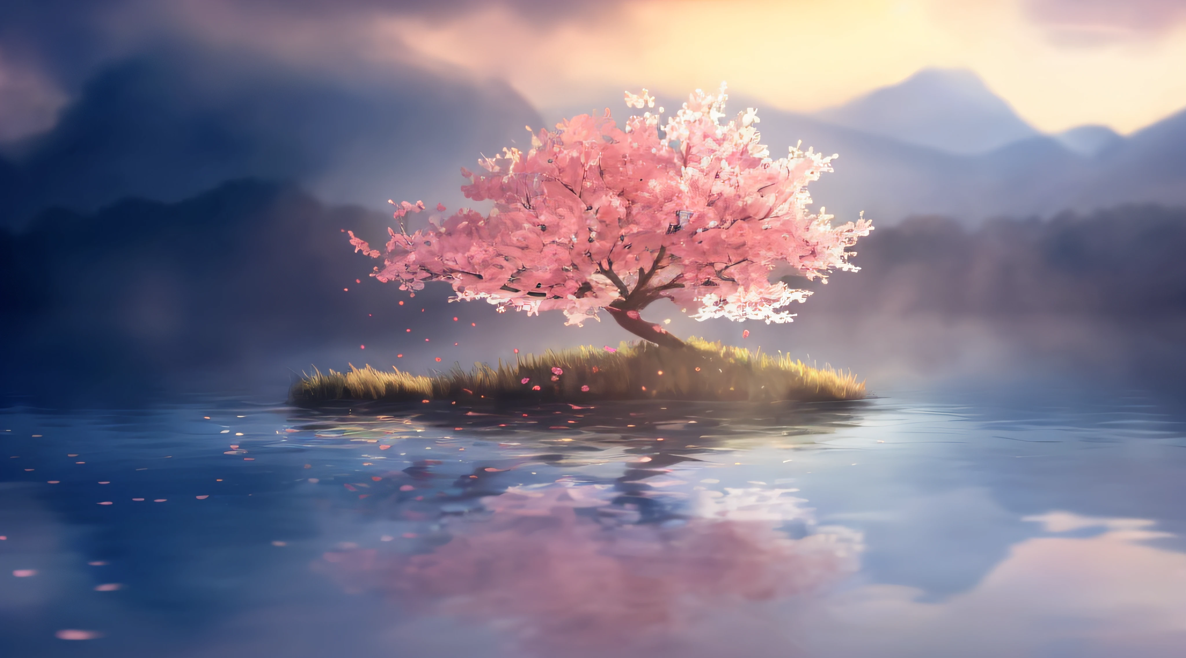 Draw a tree on an island in the middle of the lake, pink tree beside a large lake, the cherry trees, cherry blossoms falling, the cherry trees, Very Beautiful Digital Art, anime beautiful peace scene, Beautiful art UHD 4 K, beautiful digital art, beautiful digital painting, beautiful iphone wallpaper, Nature wallpaper, Beautiful digital artwork