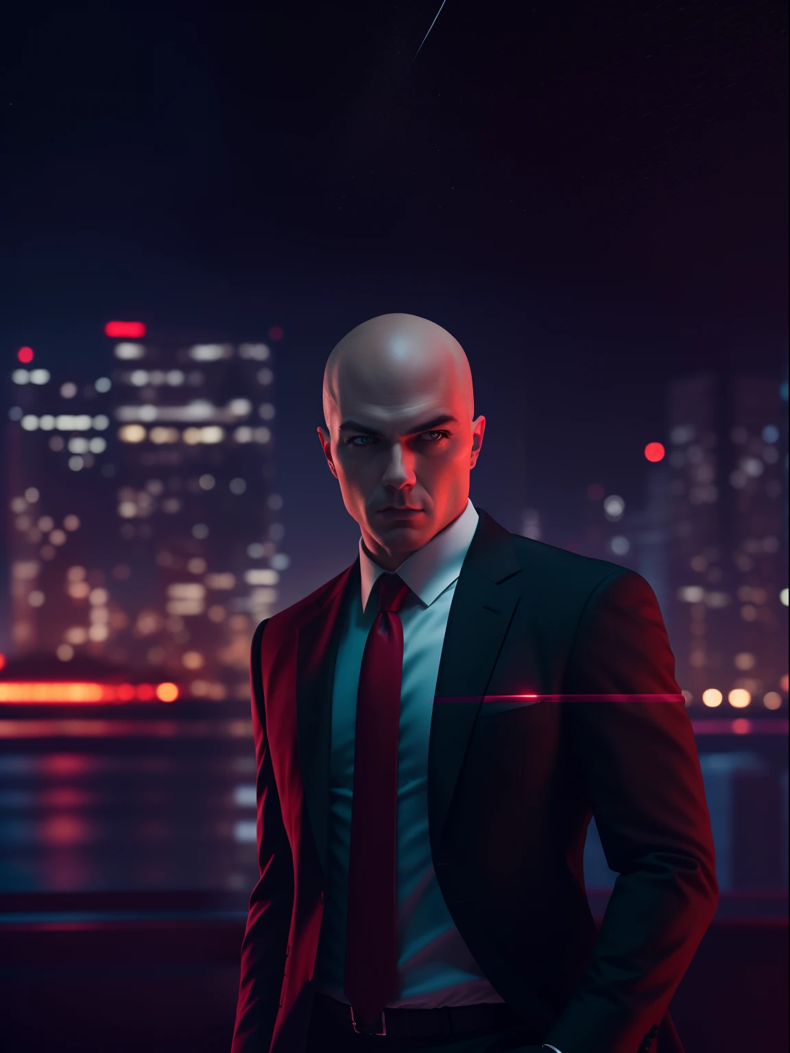 Close-up portrait of cool hitman, Agent 47, wearing a sleek black suit with a red tie, film lighting effects, realistic night light, full moon, background bokeh nikon 75mm lense, ray tracing, AMD Radeon 7900xz 8K RAW, control saturation, neglact negative colors.