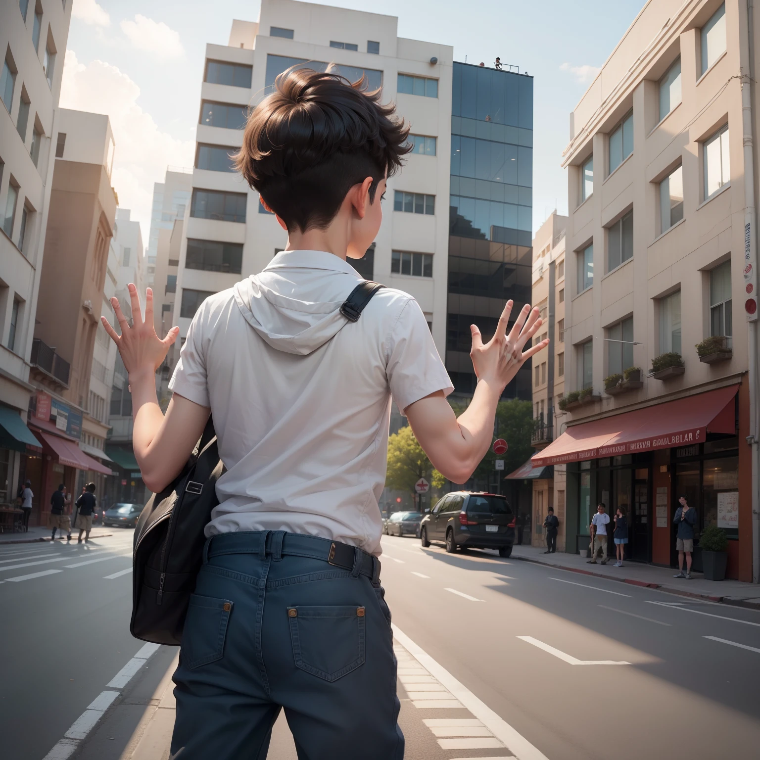 A boy showing his back on the road waving his hands to a cute girl on a building in 3rd very detailed