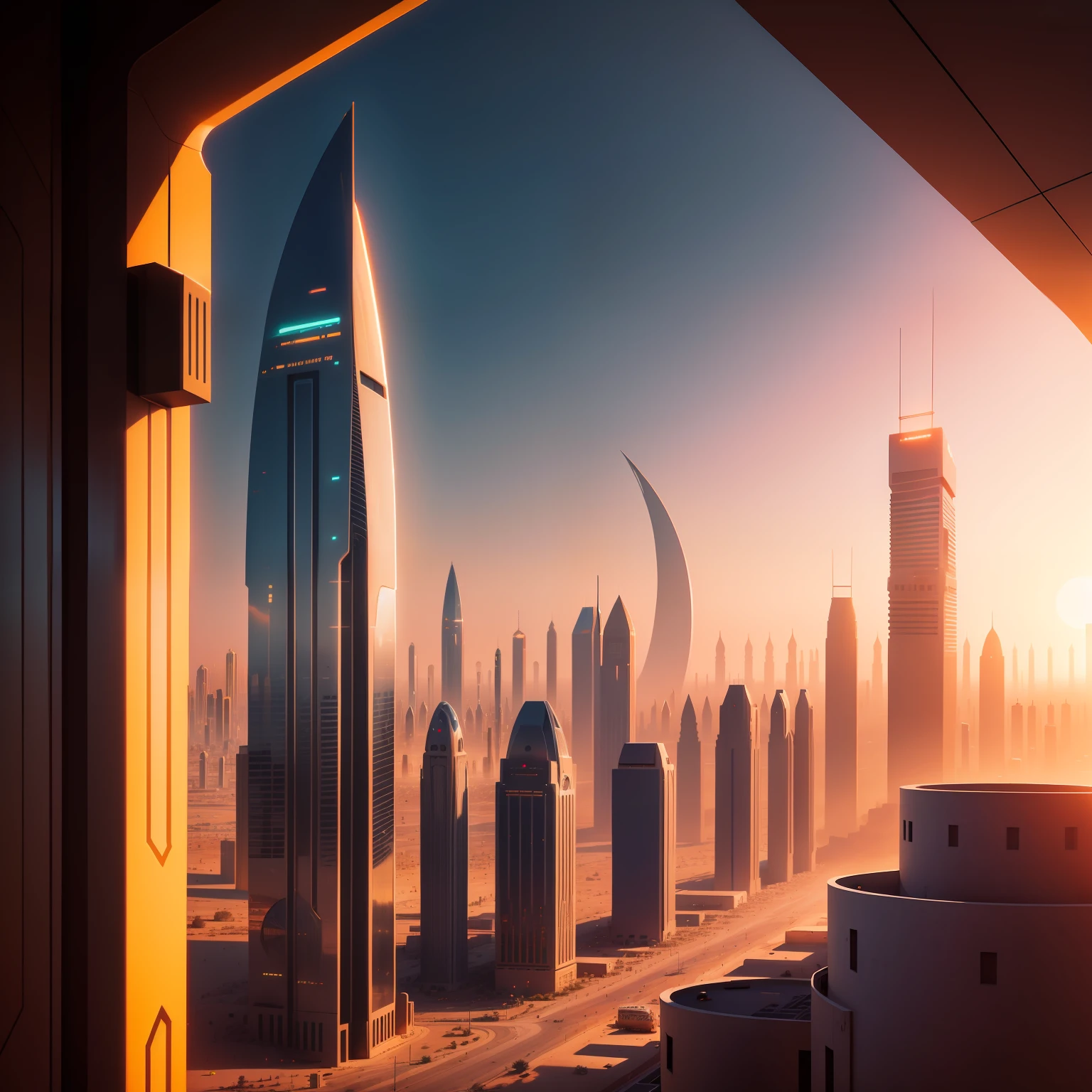 There is a very bustling futuristic city in the desert,The sunset illuminates the city at dusk