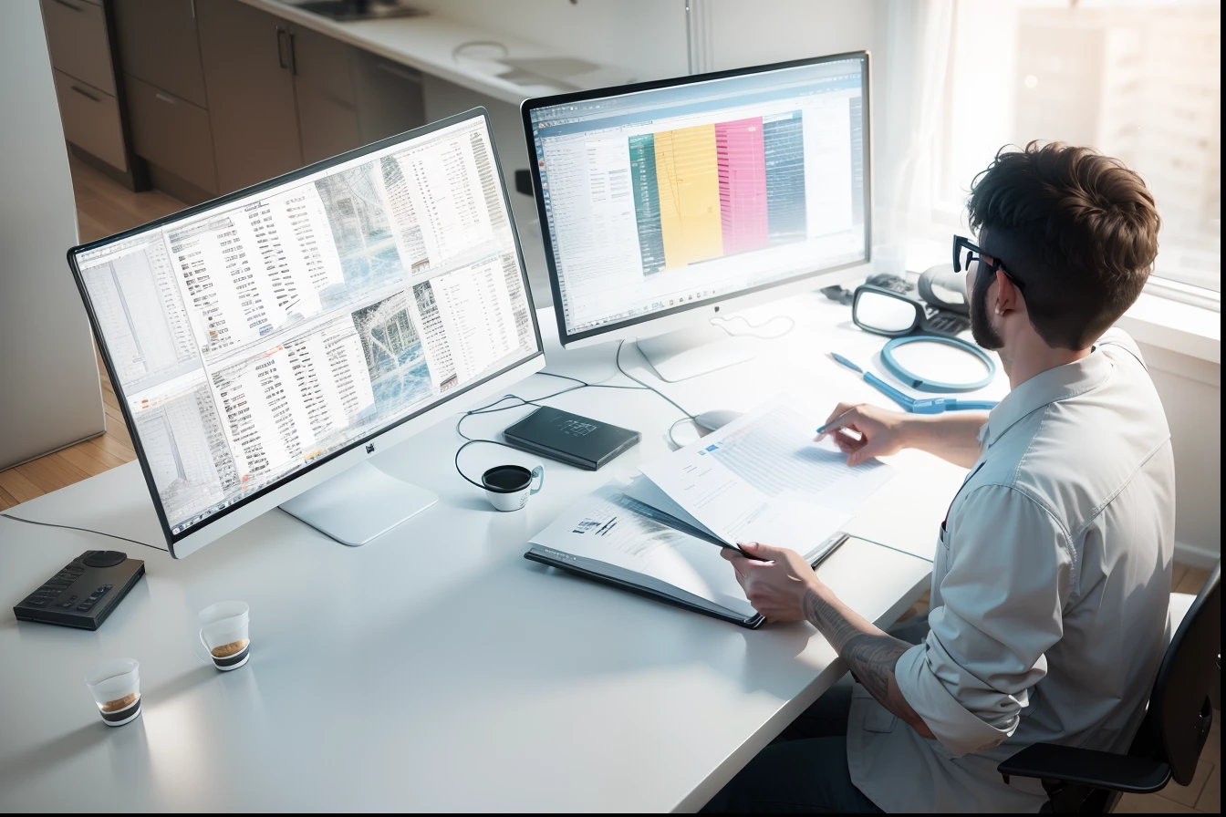 There is a man sitting at a desk with two monitors - SeaArt AI