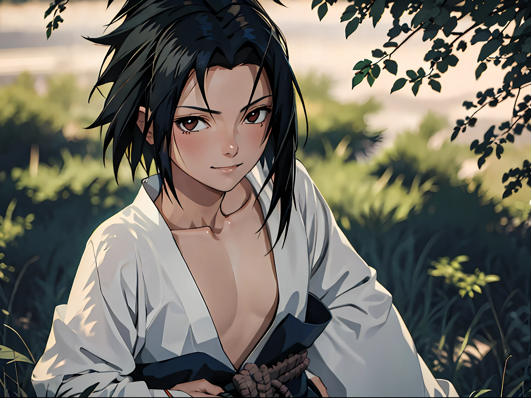 tmasterpiece， Best quality at best， 1girll，sasuke， little breast，（upperbody closeup)，is shy，ssmile，Black hair，Japanese Katana Sword