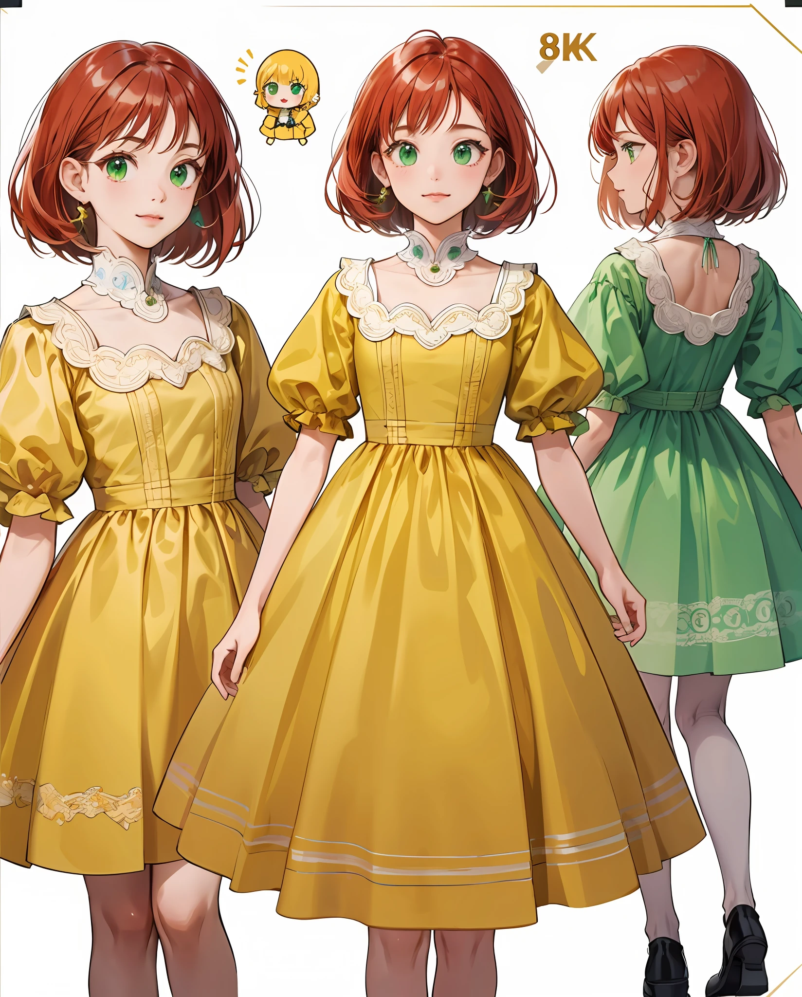 (master piece, high quality, 8k) (full body) (same character front, back, side view) (model sheet) (multiple views of the same character) . 8k, (RAW photo, best quality),((white background))) beautiful detailed green eyes, extremely detailed eyes and face, perfect anatomy, an extremely delicate and cute cubby face, short bob style red hair, adorable yellow dress.