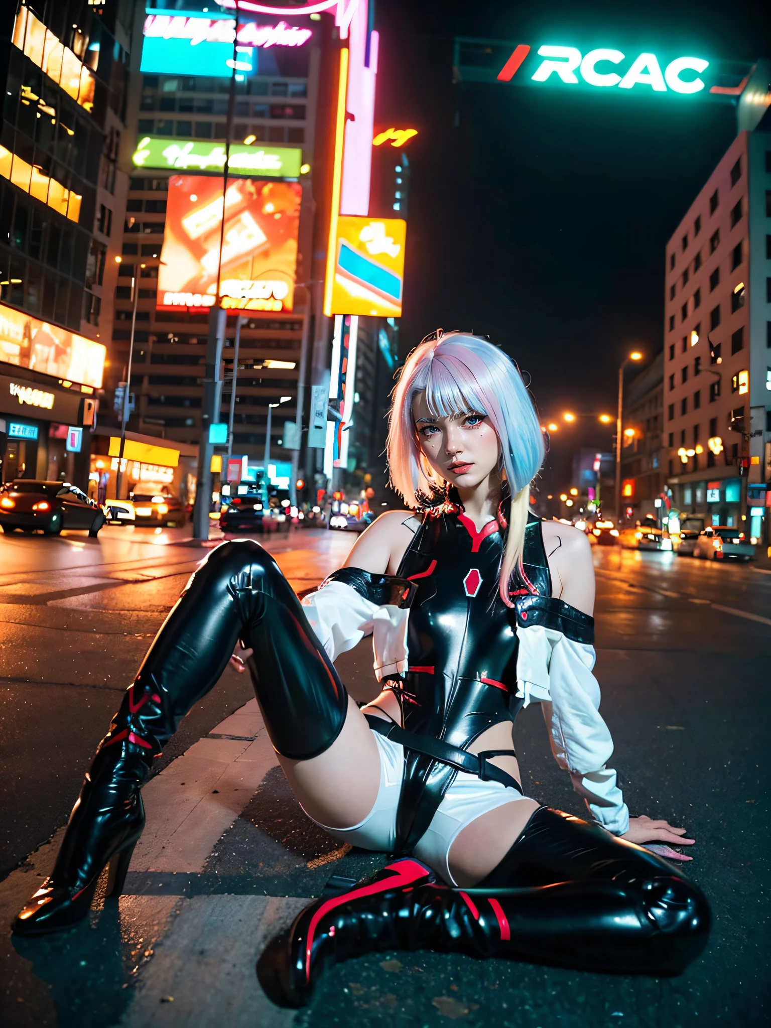 ((Masterpiece, high resolution:1.4), lucy_cyberpunk, (futuristic city at night, neon lights:1), (siting on the street:1.5) , (wide spread legs:1.5), (1girl), white short hair, bangs, ((red eyeliner)), ((makeup)), red lips, white off-shouler jacket, black bodysuit, bare shoulders, white shorts, hip vent, black thighhighs, highly detailed skin, skin pores, (highly detailed face:1.5), (highly detailed eyes:1.5), realistic pupils, full face blush, full lips, (perfect anatomy:1.1), (perfect proportions:1.1), (photography:1.1), (photorealistic:1.1), volumetric lighting, dynamic lighting, real shadows, (highres:1.1), sharp focus, (realistic, hyperrealistic:1.4), intricate, high detail, dramatic, subsurface scattering, big depth of field, vivid, polished, sharpened, ((full Sharp)), (extremely absurdres),16k hdr,