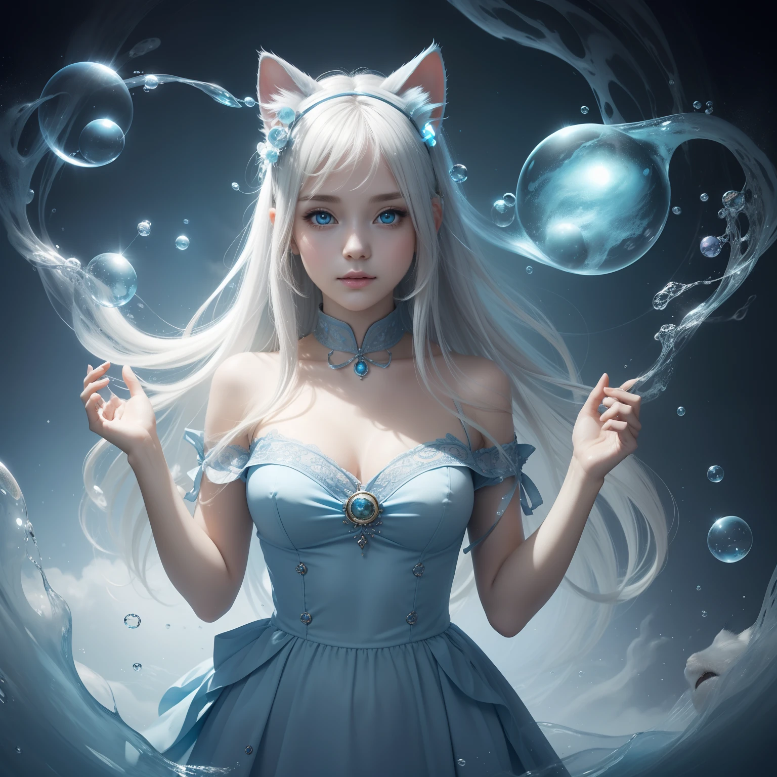 masterpiece, best quality, (photoreaslistic:1.2), Cute 👩🏼, solo, fantasy tone Pale dull color , shiny blue color, magic circles, blue tone, deep sea, bubbles, white smoke , cat ears
