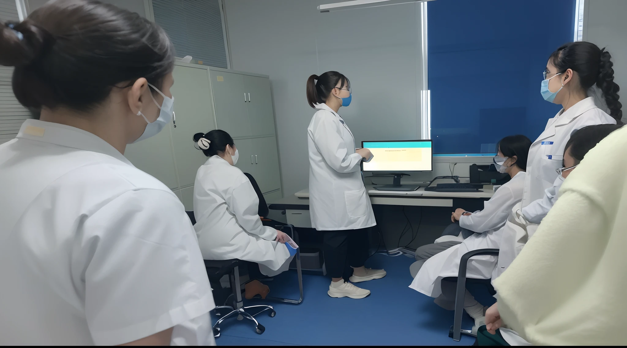 Several people in lab coats sit in front of computers, indoor lab scene, medical lab, medical lab, in laboratory, Laboratory, in a lab, scientific study, In advanced laboratories, slideshow, Lab Room, the photo shows a large, su fu, In research institutes, In a laboratory, the scientist, jinyiwei, wide wide shot