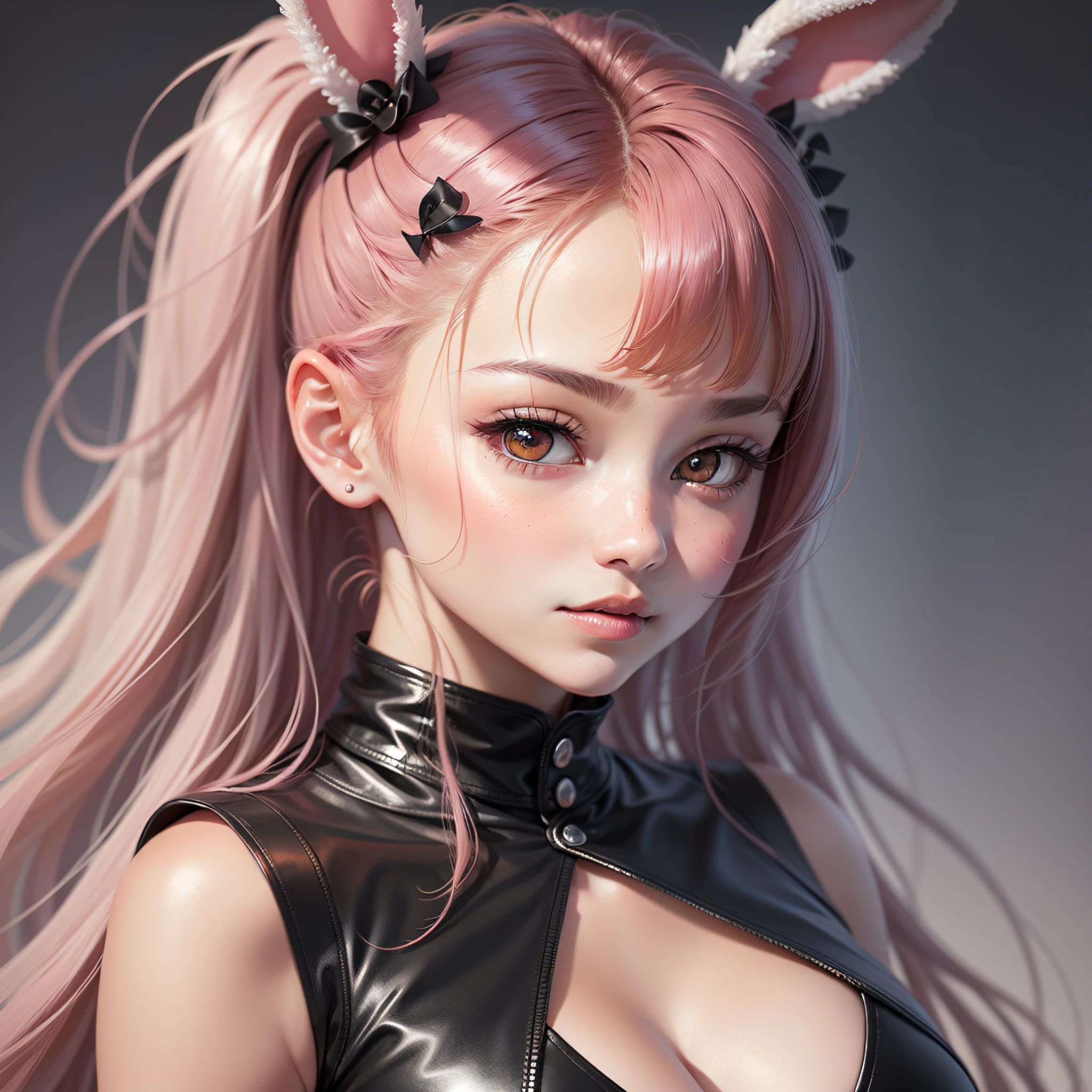 16-year-old cute girl,cabelos preto e longos,dual horsetail,largeeyes,red pupils,with fair skin,babyfat,Pink bunny hair ornament,black reotard,Black gel coat,photorealistic paintings,Simple drawing。