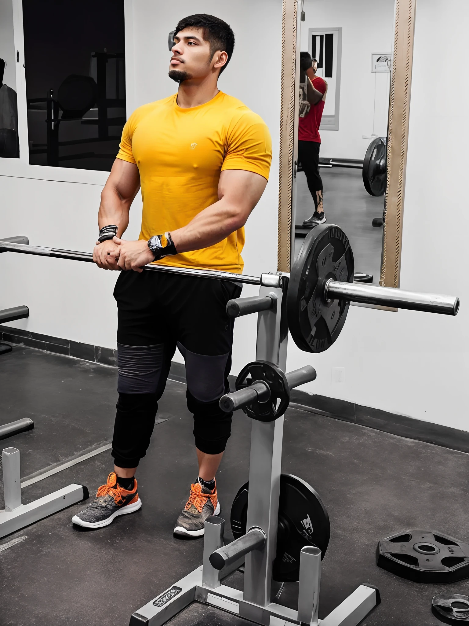there is a man that is standing in a gym with a bar, in a gym, legs and arms, wearing fitness gear, strong legs, full body picture, fit pic, working out, strong pose, wearing a modern yellow tshirt, powerful stance, strong and tall, khyzyl saleem, 2 arms and 2 legs!, hyperedetailed photo, lifting weights