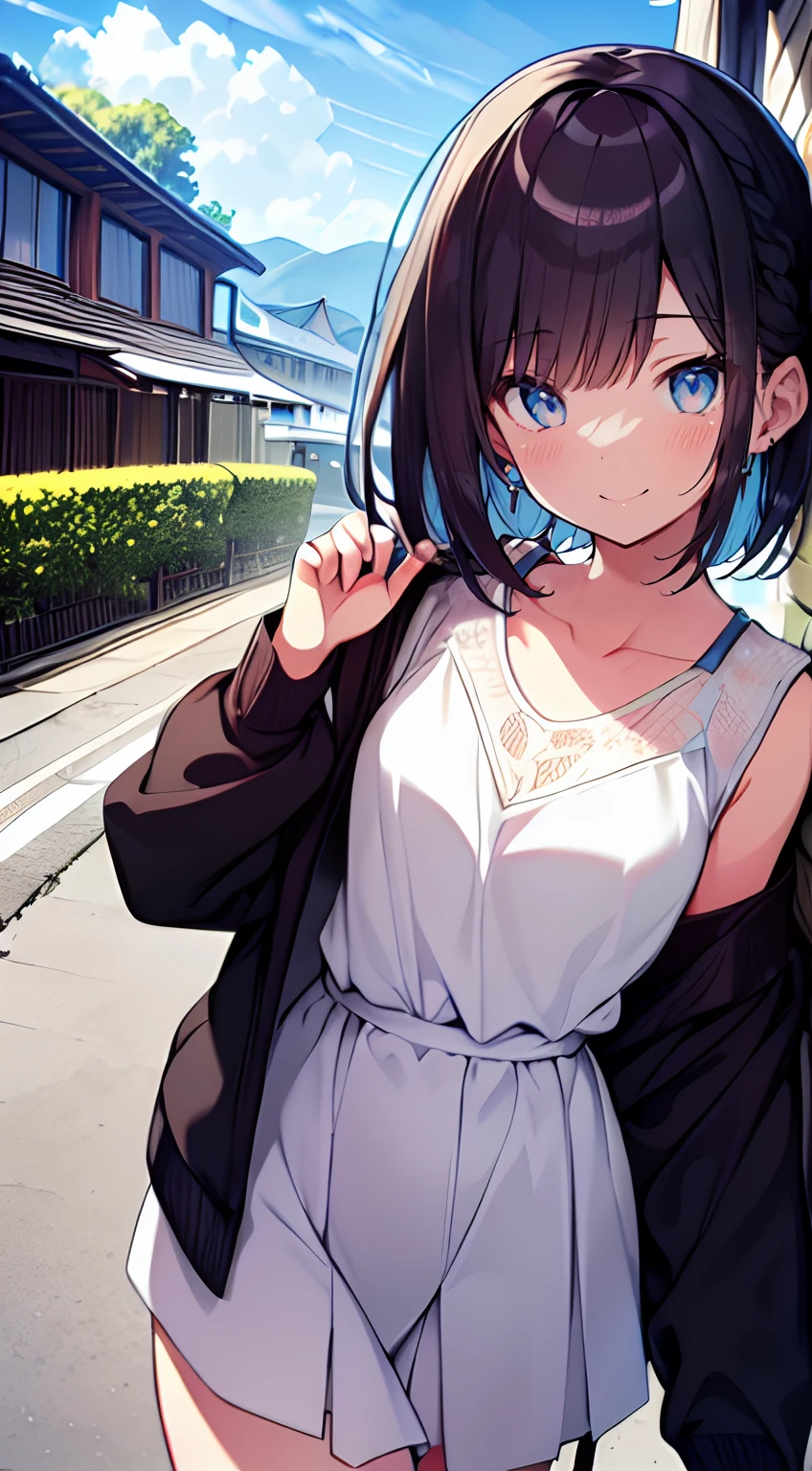 masutepiece, Best Quality,Illustration, Wallpaper, Ultra Detail, 1girl in,Solo,Beautiful detailed eyes,Very thick contour lines、Medium Short-Cut Hair、Short, Braided hair、(student clothes)、Dark hair color、A refreshing smile、Walking next door、Kamimei、Overlooking angle:1.2、small head
