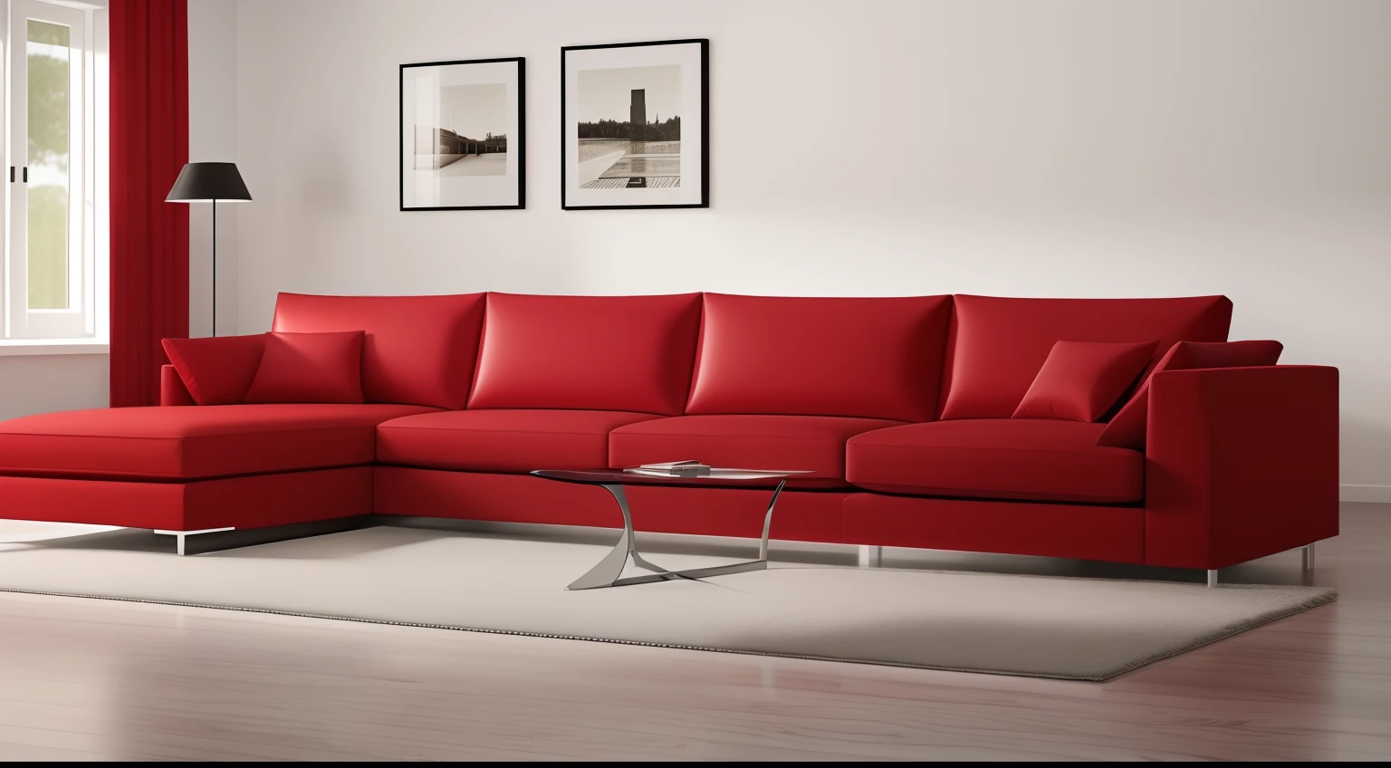 Best quality, ultra high res, (photorealistic:1.4), hdr, hyperdetailed. Big wide red sofa. Angle view. Perspective. Minimalistic design. Scandinavian design.