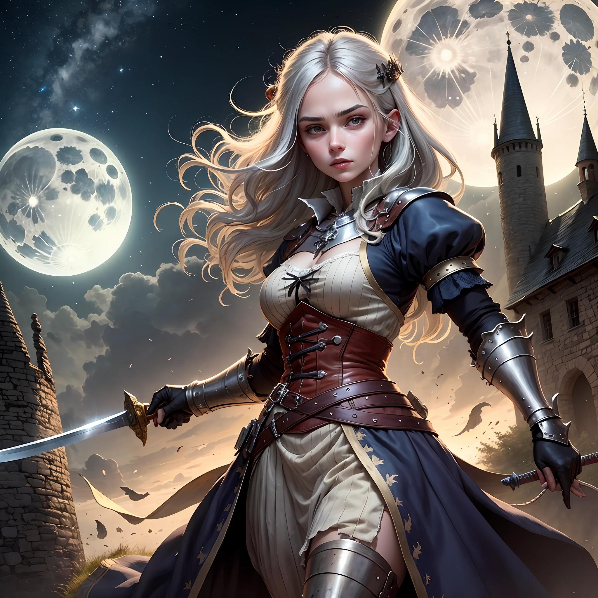 medieval times,Old castle,Silver-haired girl,Armed with a short sword,Under the moonlight,