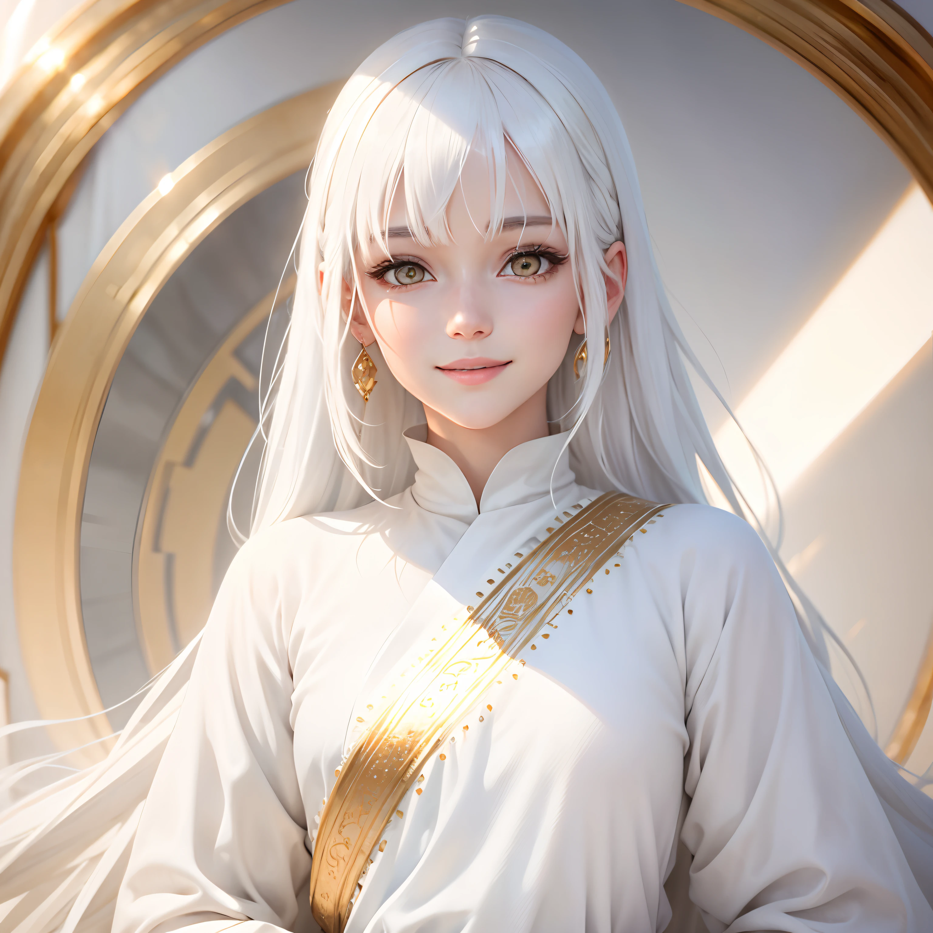 best quality, white hair, gold eyes, white clothes, looking up, upper body, hair strand, Fair skin, smiling