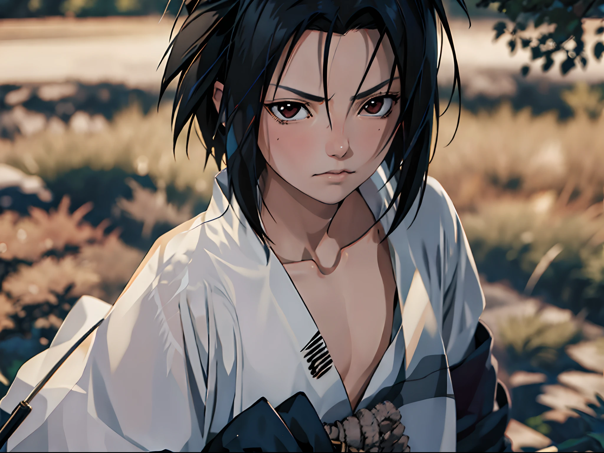 tmasterpiece， Best quality at best， 1girll，sasuke， little breast，（upperbody closeup)，is shy，scowling，Black hair，Japanese Katana Sword