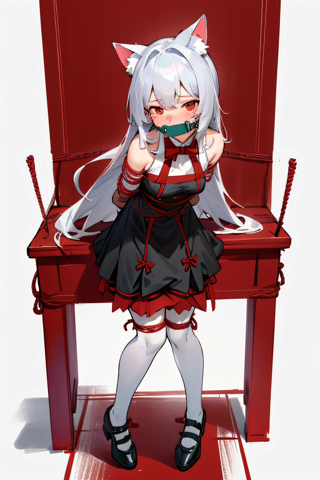 (Highest picture quality), (Master's work), (Detailed eye description), (8K wallpaper),(Detailed face description),on the bed
(imid shot:0.95), (full body:1.25),(solo:1.4),(1girl:1.2),cute and beautiful,((veru long hair)),arms_behind_back, ball_gag, bdsm, bondage, bound, bound_ankles, bound_arms, bound_legs, bound_wrists, box_tie, breast_bondage, crotch_rope, gag, gagged, red_rope, restrained, rope, shibari, shibari_over_clothes, tape_gag, shinomiya_kaguya, cloth_gag, improvised_gag, cleave_gag, tied_up_\(nonsexual\), bit_gag, suspension, bangs, frogtie, parted_bangs, tape, femdom, red_eyes, breasts, saliva, ribbon_bondage, nose_blush, white_legwear, dress, chained, looking_at_viewer, blush, 1girl, long_sleeves, ring_gag, spreader_bar, skindentation, looking_to_the_side, cat_ears, gloves, bare_shoulders, full_body, drooling
