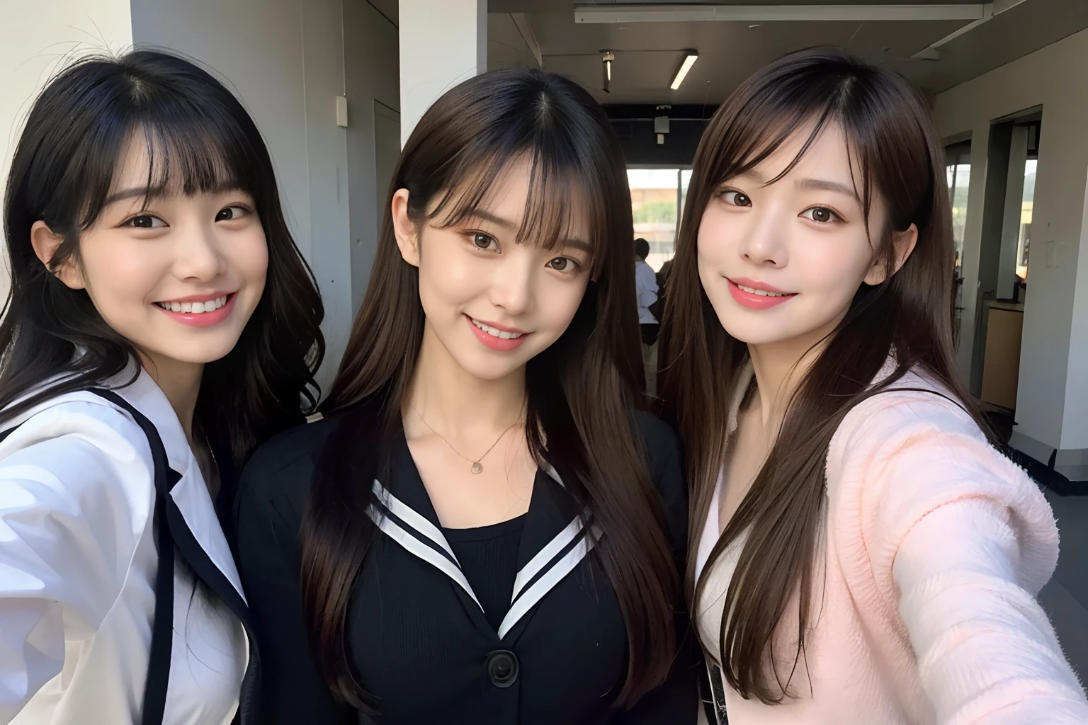 8K，Secondary school girls，Wearing a Japanese high school uniform，cleavage，Fine skin and texture，delicate black eyes，finely detailled