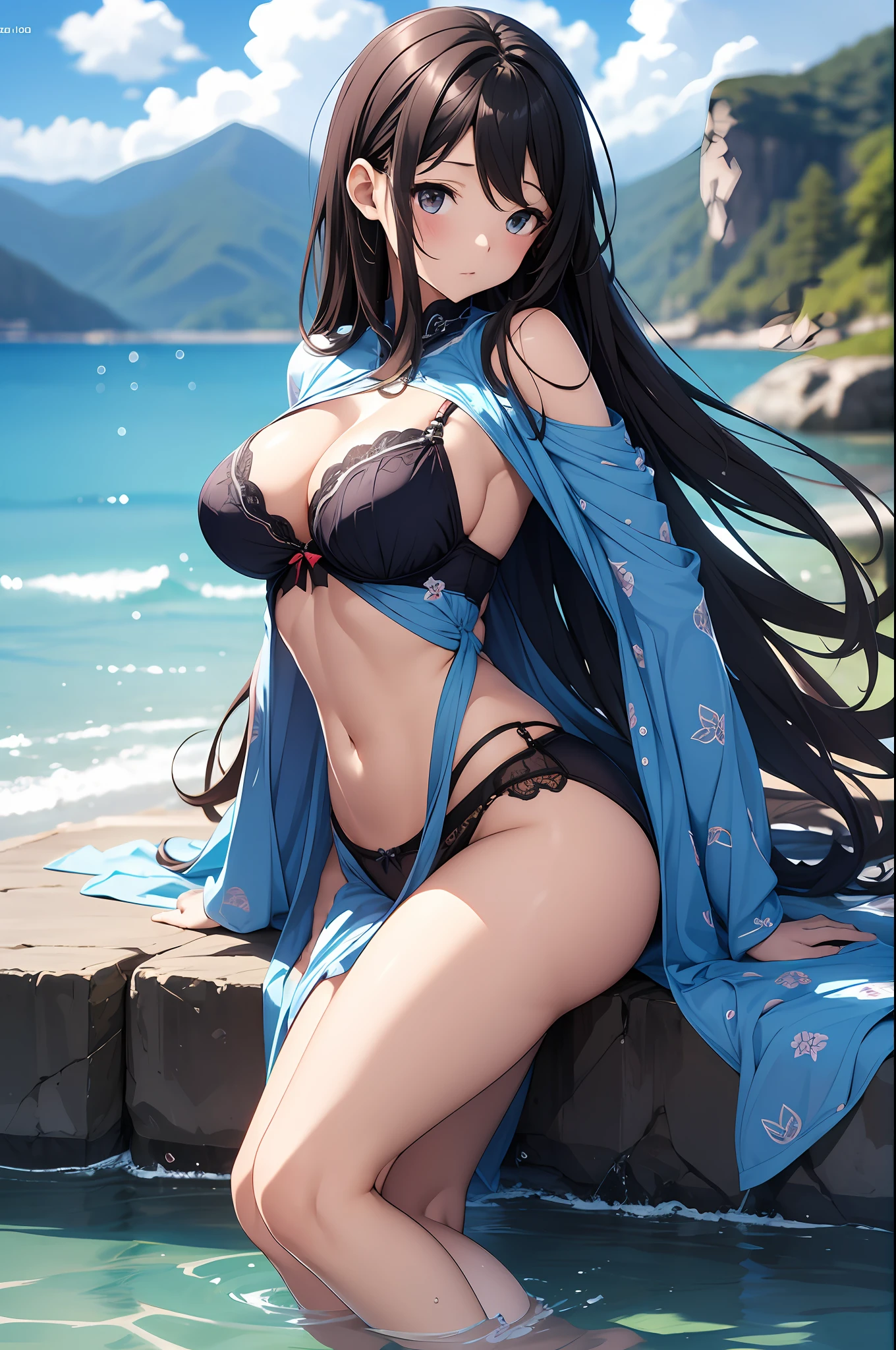 （Enrich the picture，Masterpiece level quality）Beautiful 8K CG artwork，Goddess-like posture，sittinng on the river，Postural exercises，Slim and soft，Translucent skin，Black hair、The beauty of extra-long hair, Super Long Straight Hair，The skin is fair and juicy，Underwear uniforms，Perspective Part 1.2x enhanced silhouette effect，Exquisite transparent blues pattern in pajamas，The details are intricate and exquisite，The background is slightly blurred，Charming and lustful leg seduction，Drool，J cup oversized big breasts，Blush，Japan goddess，Perfect body slim curves，Scene by the sea，