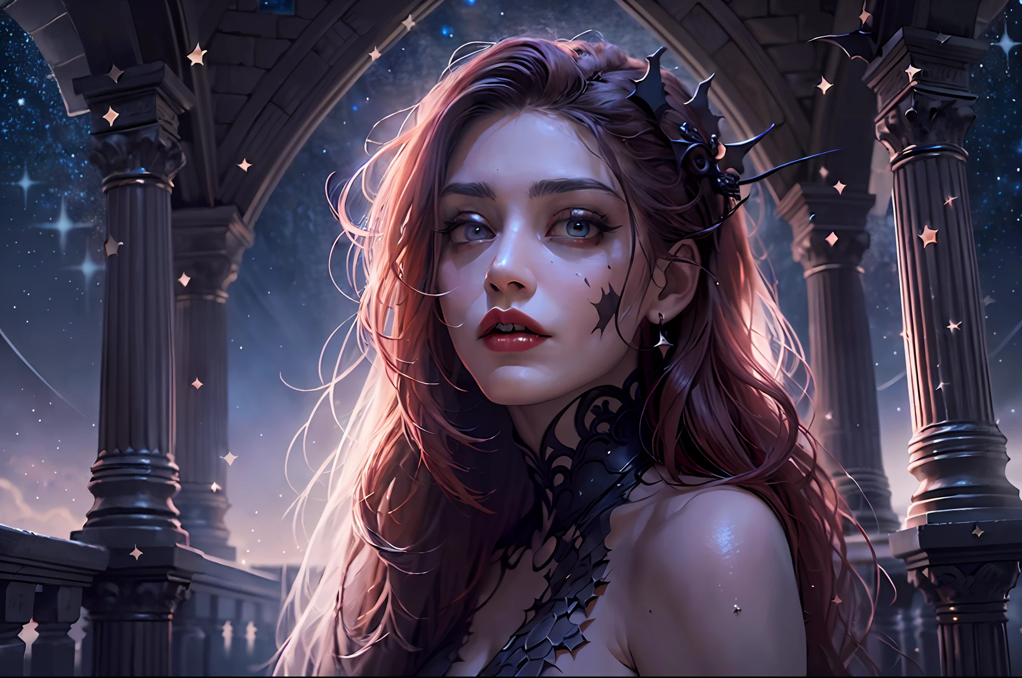 a picture of an exquisite beautiful female vampire standing under the starry night sky on the porch of her castle, dynamic angle (ultra detailed, Masterpiece, best quality), ultra detailed face (ultra detailed, Masterpiece, best quality), ultra feminine, grey skin, red hair, wavy hair, dynamic eyes color, cold eyes, glowing eyes, intense eyes, dark red lips, [fangs], wearing white dress (ultra detailed, Masterpiece, best quality), blue cloak (ultra detailed, Masterpiece, best quality), long cloak, flowing cloak (ultra detailed, Masterpiece, best quality), high heeled boots, sky full of stars background, moon, bats flying about, high details, best quality, 8k, [ultra detailed], masterpiece, best quality, (ultra detailed), full body, ultra wide shot, photorealism, dark fantasy art, dark fantasy art, gothic art, many stars, dark fantasy art, gothic art, sense of dread,