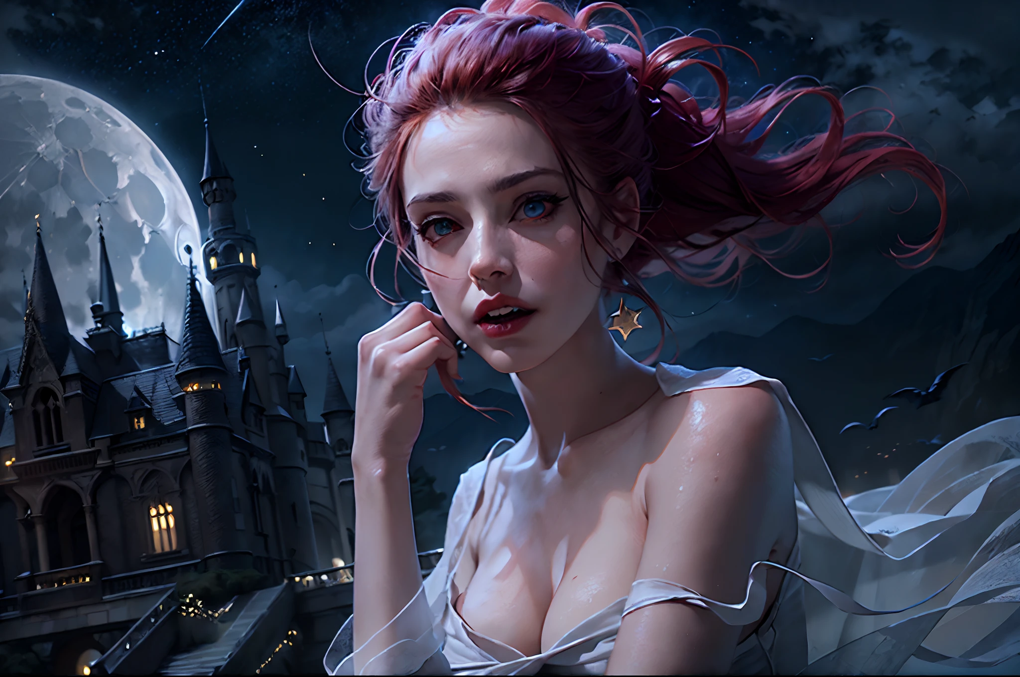 a picture of an exquisite beautiful female vampire standing under the starry night sky on the porch of her castle, dynamic angle (ultra detailed, Masterpiece, best quality), ultra detailed face (ultra detailed, Masterpiece, best quality), ultra feminine, grey skin, red hair, wavy hair, dynamic eyes color, cold eyes, glowing eyes, intense eyes, dark red lips, [fangs], wearing white dress (ultra detailed, Masterpiece, best quality), blue cloak (ultra detailed, Masterpiece, best quality), long cloak, flowing cloak (ultra detailed, Masterpiece, best quality), high heeled boots, sky full of stars background, moon, bats flying about, high details, best quality, 8k, [ultra detailed], masterpiece, best quality, (ultra detailed), full body, ultra wide shot, photorealism, dark fantasy art, dark fantasy art, gothic art, many stars, dark fantasy art, gothic art, sense of dread,