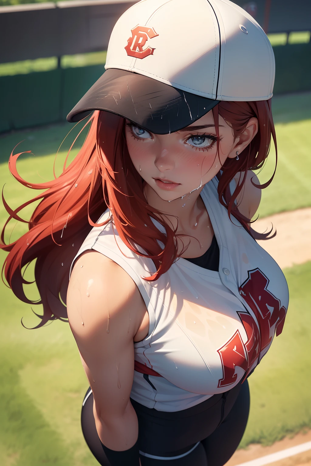 (masterpiece, 4k, best quality), photorealistic, cinematic, 1 girl, medium red hair, (((close up shot, front view, from above:1.5))), (((standing, in the act of pitching the ball))), perfect anatomy, curvaceous body, alluring, perfect eyes, detailed eyes, ((lips slightly parted:1.5)), medium-sized breasts, round ass, round legs, (((sweaty body))), sweaty skin, shiny skin, blushing, a determined female baseball pitcher, (((she slowly undresses a fitted and wet sleeveless team jersey with her last name 'Smith' on the back))), the jersey is paired with white baseball pants that have red piping down the sides, (((she wears a black glove on her left hand))), poised for a powerful pitch, her cap bears the team logo, casting a slight shadow over her focused eyes, behind her, the pitching mound rises, and in the distance, a sunlit stadium full of cheering fans sets the scene, extremely detailed Artgem, IG model, alena aenami and artgem, krenz cushart and artgem, artgem and atey ghailan