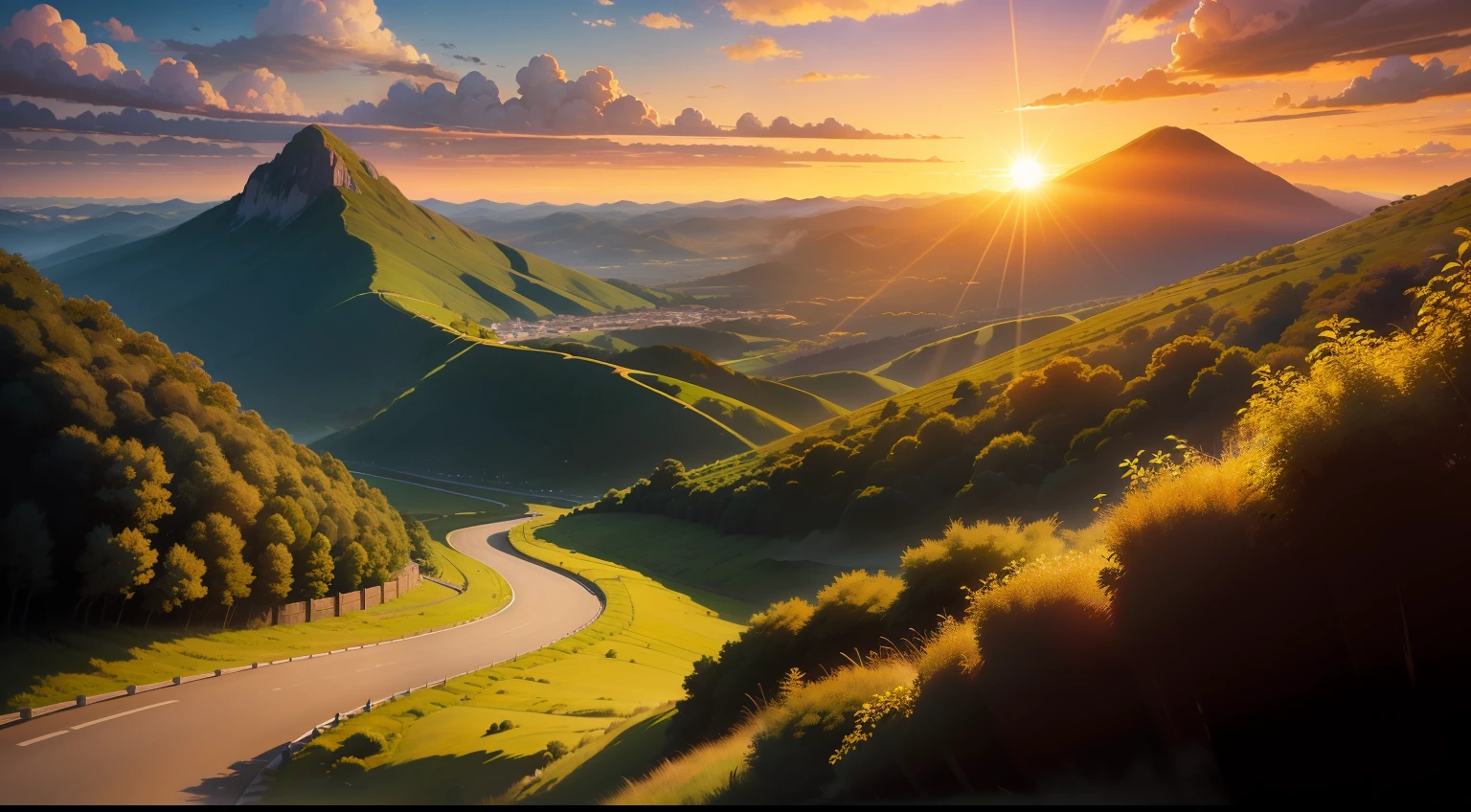 obra-prima, melhor qualidade, paisagem, estilo ghibli, montanha grande, Sunset behind the mountain, brazi, grama, sombra, luz, sun sunset, nuvem