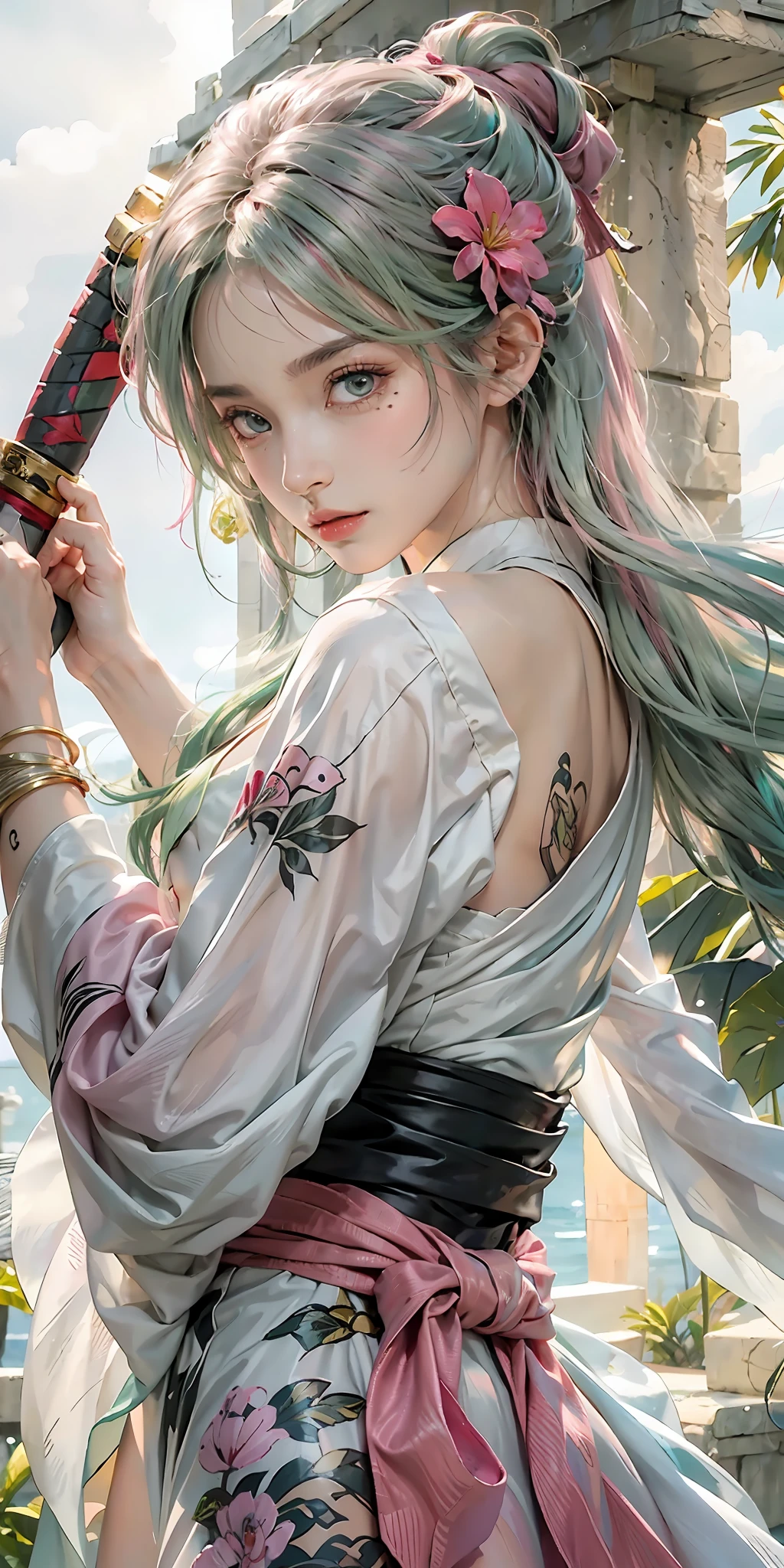 photorealistic, high resolution, soft light,1women, solo, hips up, (detailed face), nami \(one piece\), tattoo, jewelry,Pink and green hair, Colored eyes, kimono, MitsuriDS, muscle, katana