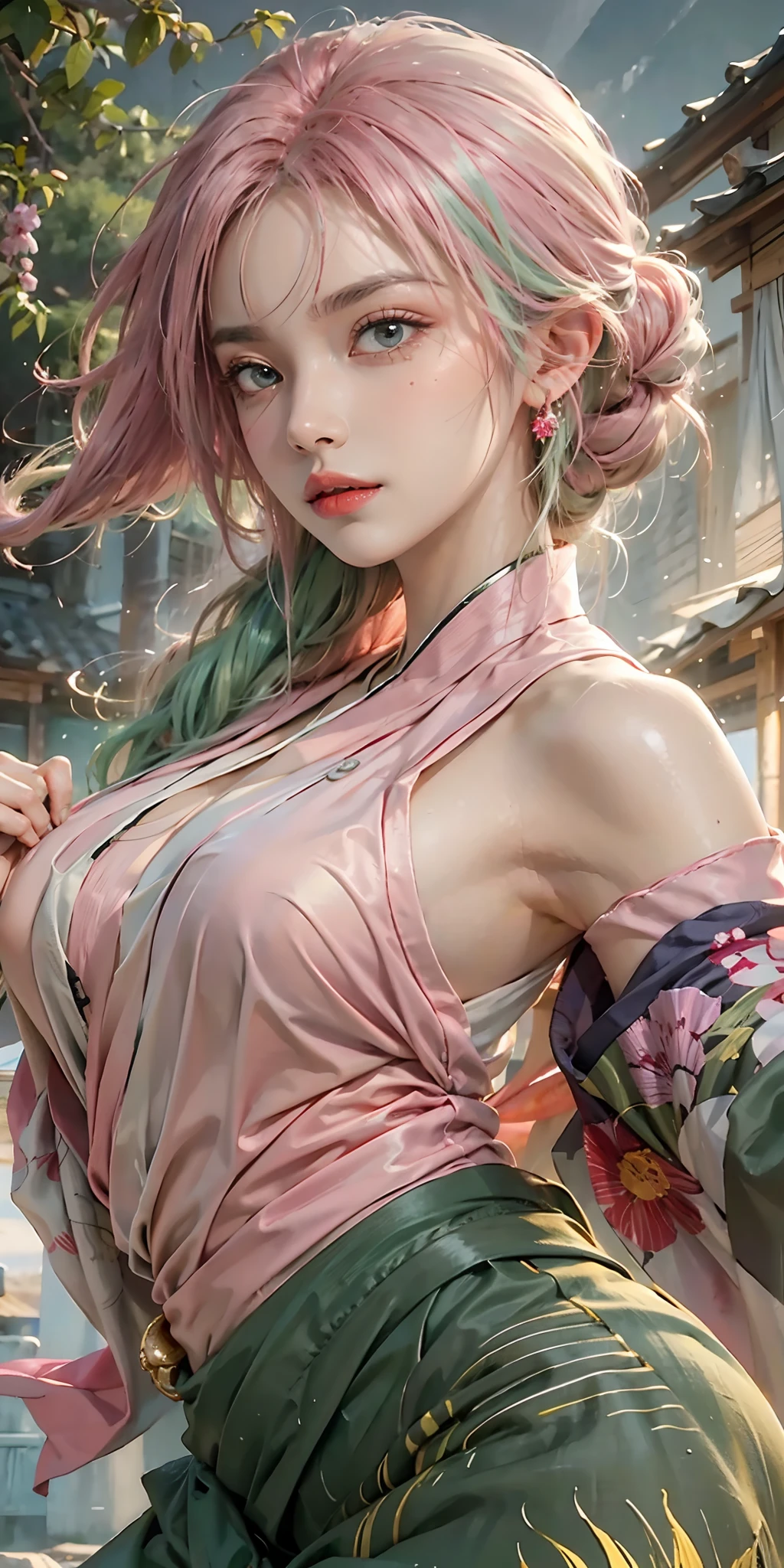 photorealistic, high resolution, soft light,1women, solo, hips up, (detailed face), nami \(one piece\), tattoo, jewelry,Pink and green hair, Colored eyes, kimono, MitsuriDS, muscle, katana