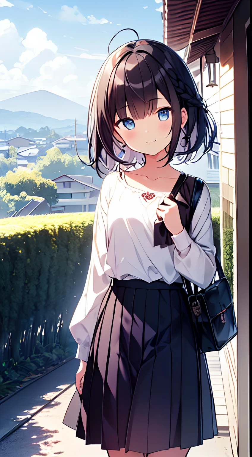 masutepiece, Best Quality,Illustration, Wallpaper, Ultra Detail, 1girl in,Solo,Beautiful detailed eyes,Very thick contour lines、Medium Short-Cut Hair、Short, Braided hair、(student clothes)、Dark hair color、a serene smile、Walking next door、Kamimei、Overlooking angle:1.2、small head