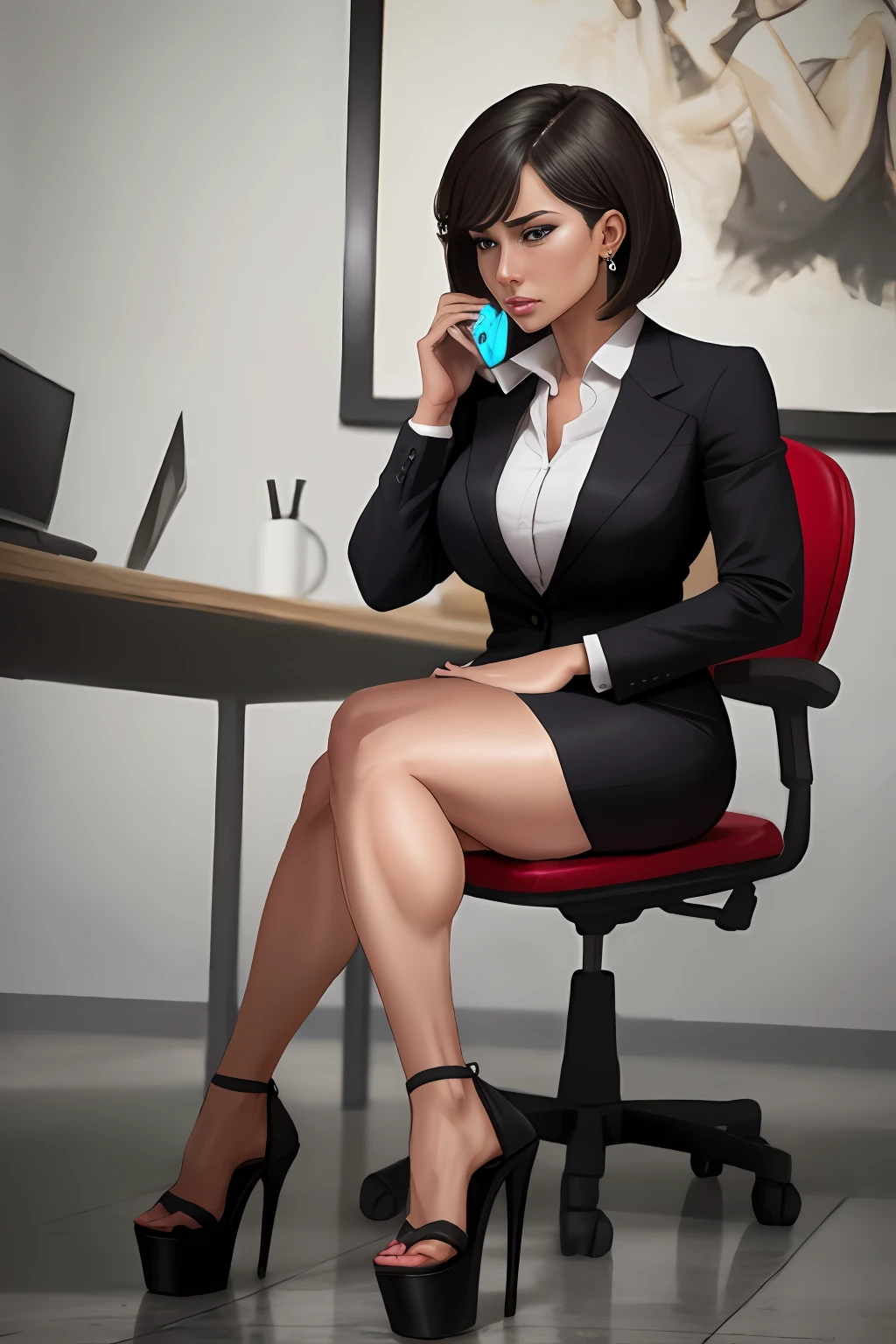 Brazilian, Bob haircut, sexy secretary, muscular legs, muscular calves, Strong legs, muscular hips, wide thighs, Curvy hips, A full body shot, high-heeled sandals, tights in a net, Stiletto heels, Women's business suit with a short skirt, large ring earrings, He really wants to pee, in office, sitting at a table, Talking on the phone, wants to pee, desperately wants to pee, wants to urinate, An expression of shame on his face, confusion, Desperation on the face, crying, pinches the crotch with his hand, crumples the hem of the skirt with his hands, Knees clenched together, Tense posture, bites his lower lip, full bladder, terribly wants to go to the toilet, anatomically correct, Realistic, side-view