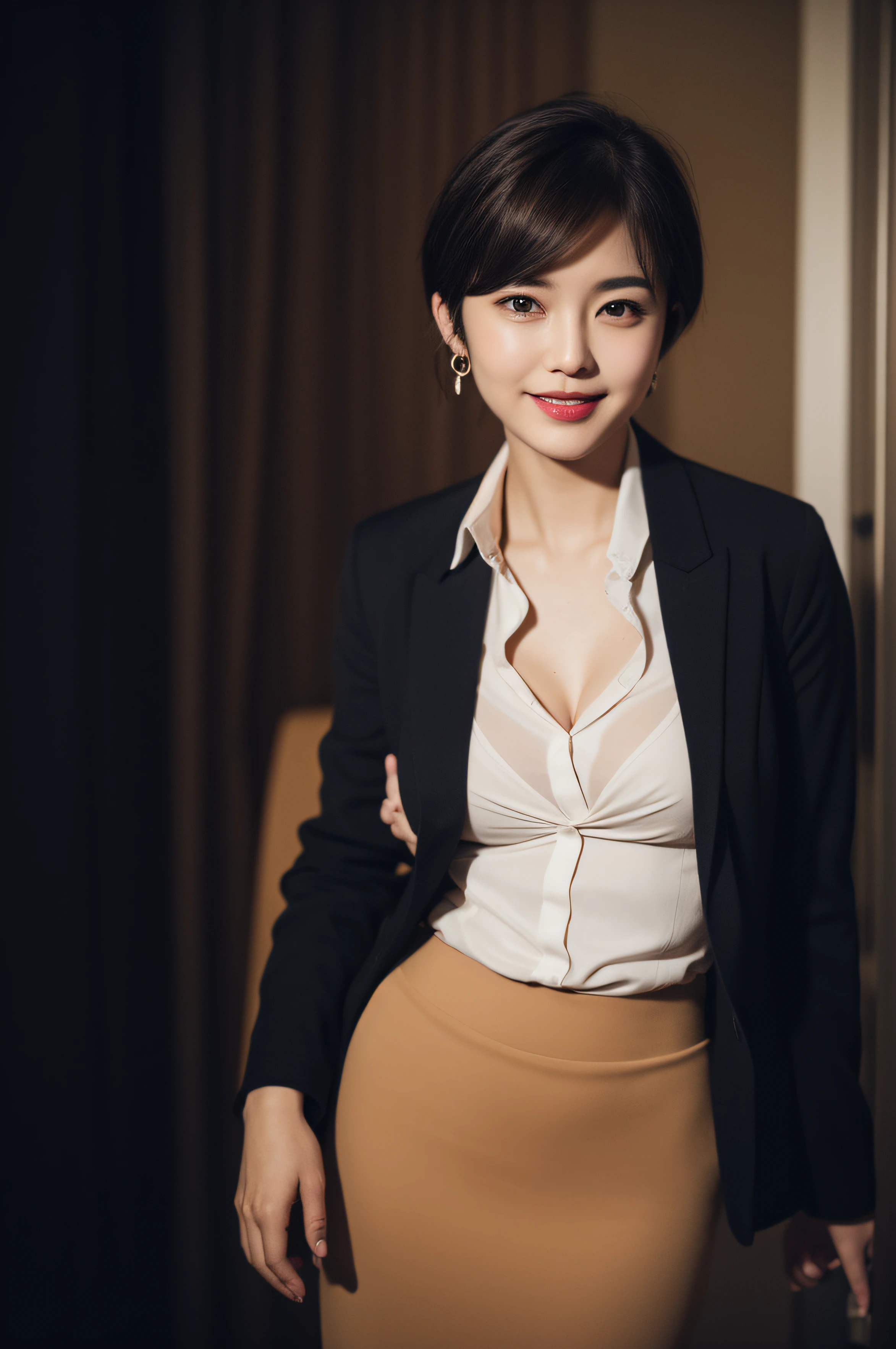 8K RAW photos, high resolution, 22-year-old cool Korean, big round breasts, cleavage, beautiful abs, secretary-like outfit, tight shirt, formal skirt, pin heels, beautiful eyes in every detail, long eyelashes, beautiful double eyelids, eyeshadow, slender eyes, elongated eye shape, Sanpaku eyes, dark eye makeup, evil smile, beautiful thin legs, short hair pixie cut, Very light brown hair, earrings, night, dark atmosphere, president's office at night, standing in front of a big desk