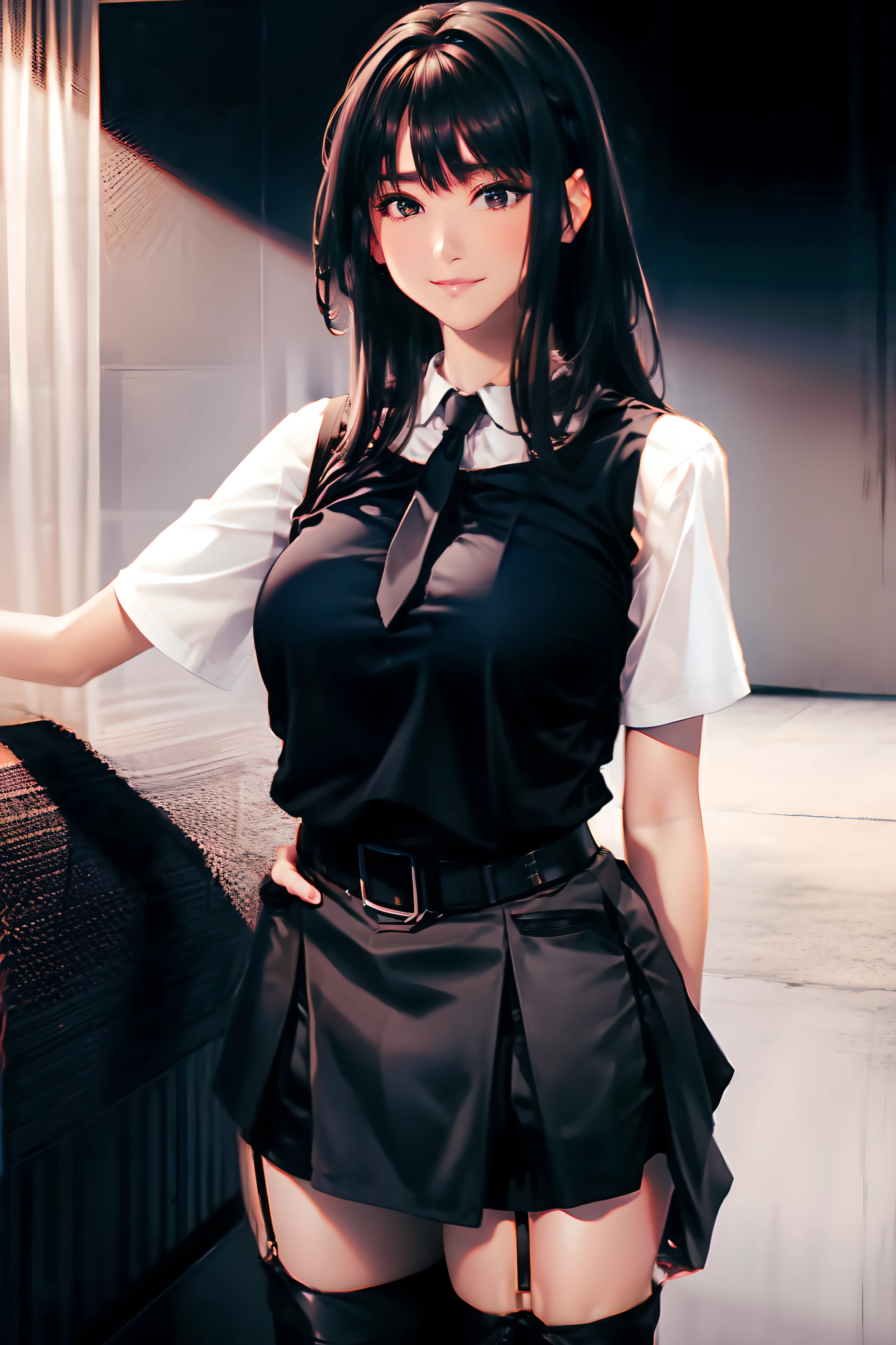 a black skirt neck tie Black tank top Brown hair long Gray eyes holster Garter belt on the legs large full breasts hands above your head Colossal tits Pichi Pichi clothes both sides