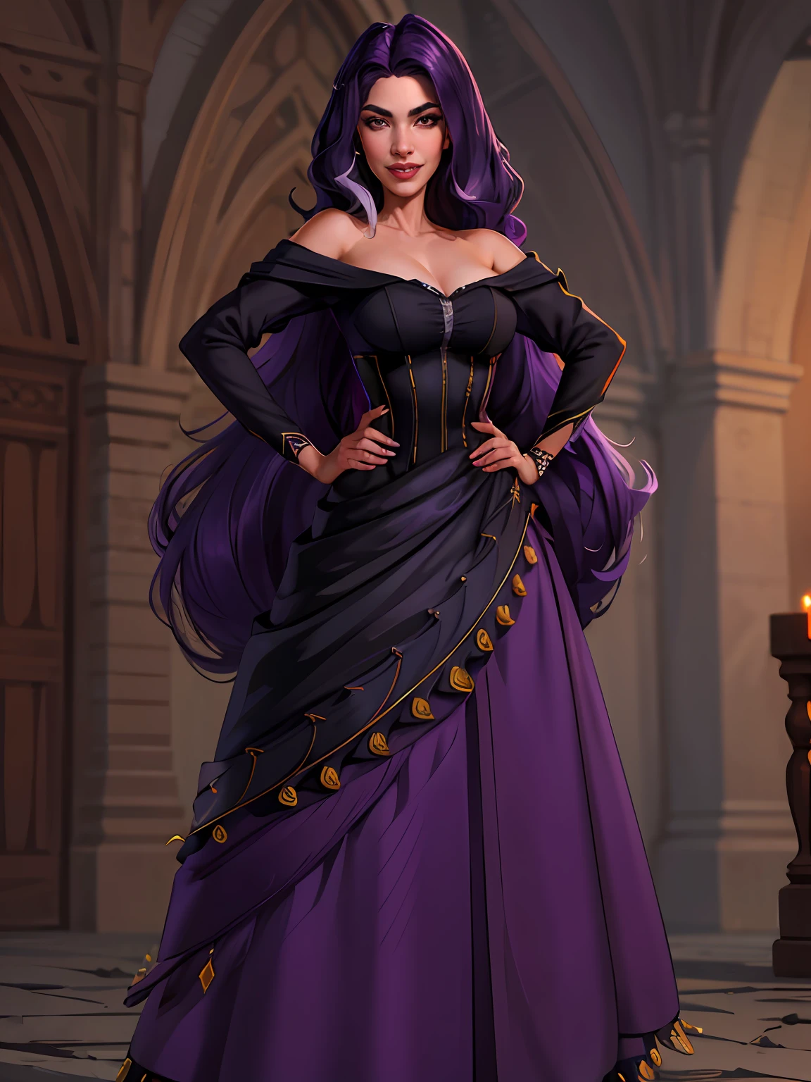 1menina ,with long lilac and black dress,faixa de cabelo, ombros nus, , joias, sorriso, dentes, Hands on hips, selva ao ar livre, volumeric lighting, melhor qualidade, obra-prima, Realistic with a razor in hand