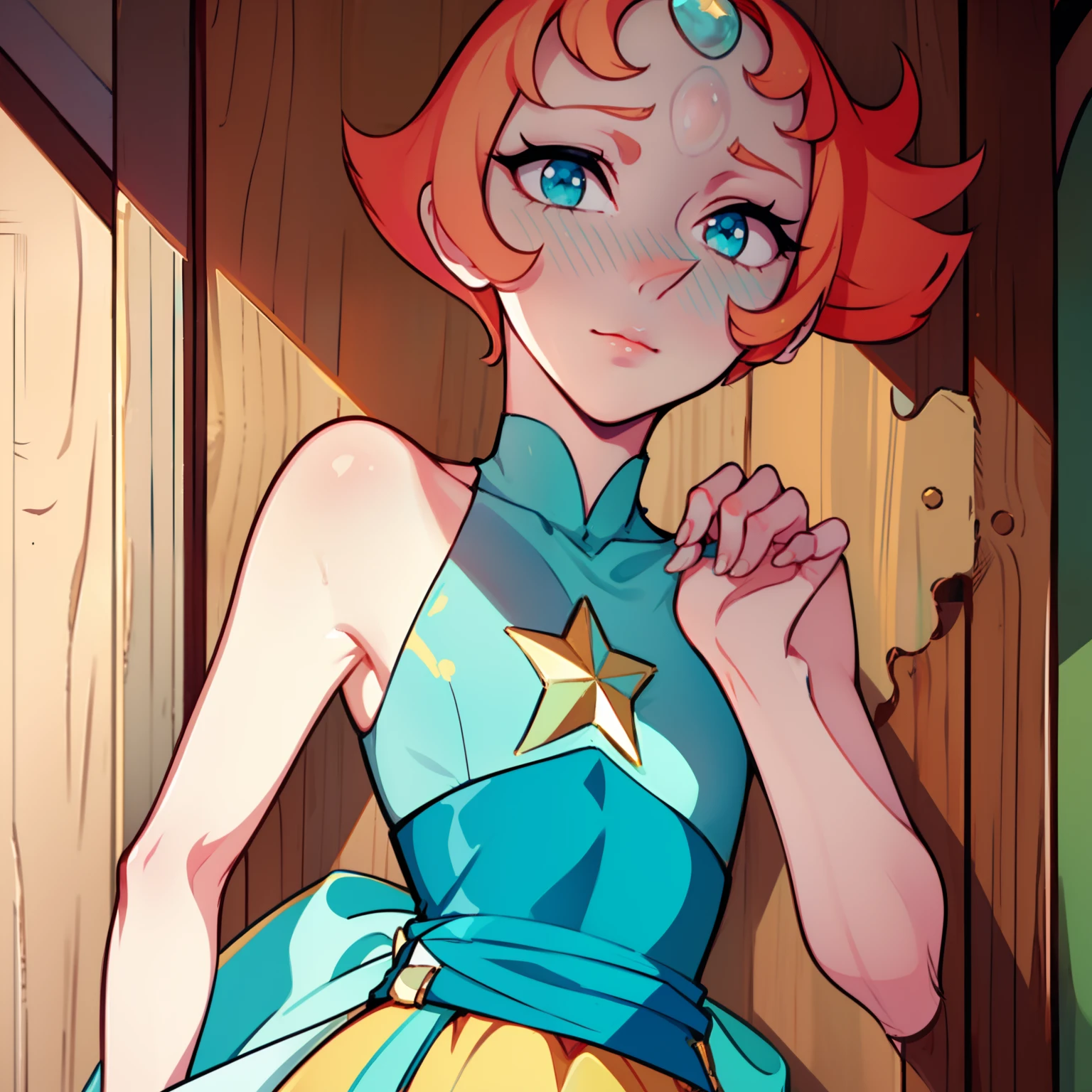 1girl, Pearl, pale, ivory complexion, light-cyan eyes, peach-colored hair, forehead gem, aqua blue tunic, cyan high-waist ribbon, yellow shorts, star emblem, swept-back hair, short hair, pearl gem, pointy nose, perfect anatomy, better hands, shy expression, cyan blush, kabedon pov