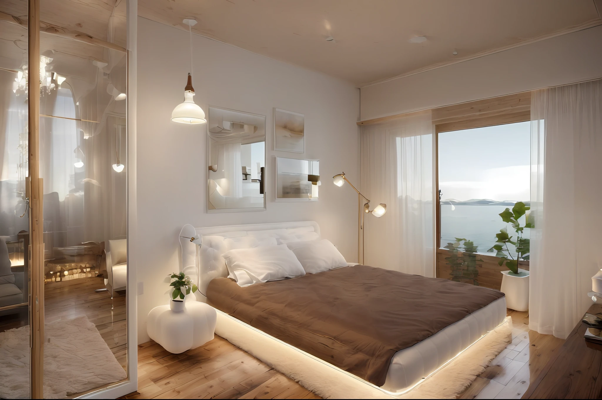 (spectacular landscape:1.1), best quality, super detail,(best quality:1.2, super detail:1.1, inspirational landscape:1.1), best quality, prime detail, super detailed, ((best lighting, modern bedroom :1.2,with white curtains, vintage chandelier, remove carpet, brown wooden floor, wall by size bed ( glass, solid breck 0,75)