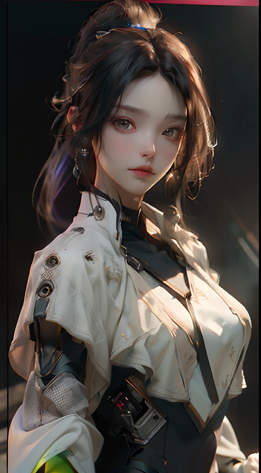 ((Best quality)), ((masterpiece)), (detailed:1.4), ((big boobs:1.4)), an image of a beautiful cyberpunk black female with braids on head,HDR (High Dynamic Range),Ray Tracing,NVIDIA RTX,Super-Resolution,Unreal 5,Subsurface scattering,PBR Texturing,Post-processing,Anisotropic Filtering,Depth-of-field,Maximum clarity and sharpness,Multi-layered textures,Albedo and Specular maps,Surface shading,Accurate simulation of light-material interaction,Perfect proportions,Octane Render,Two-tone lighting,Wide aperture,Low ISO,White balance,Rule of thirds,8K RAW, anime - style woman in a white and black outfit with a gun, cyborg merchant girl,