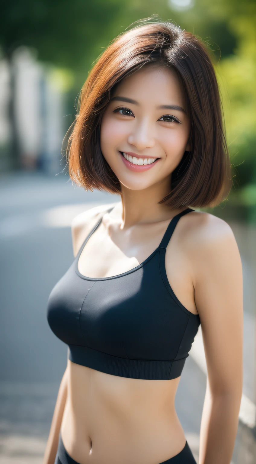 ((Top Quality, 8k, Masterpiece: 1.3)), Sharp Focus: 1.2, Perfect Body Shape Pretty Woman: 1.4, Slender Abs: 1.2, (Layered Haircut, Big: 1.8), (Sports Bra: 2.0), (Jogging: 1.8), (Street: 1.2), Highly Detailed Face and Skin Texture, Detailed Eyes, Double Eyelids, Smile, Bokeh,