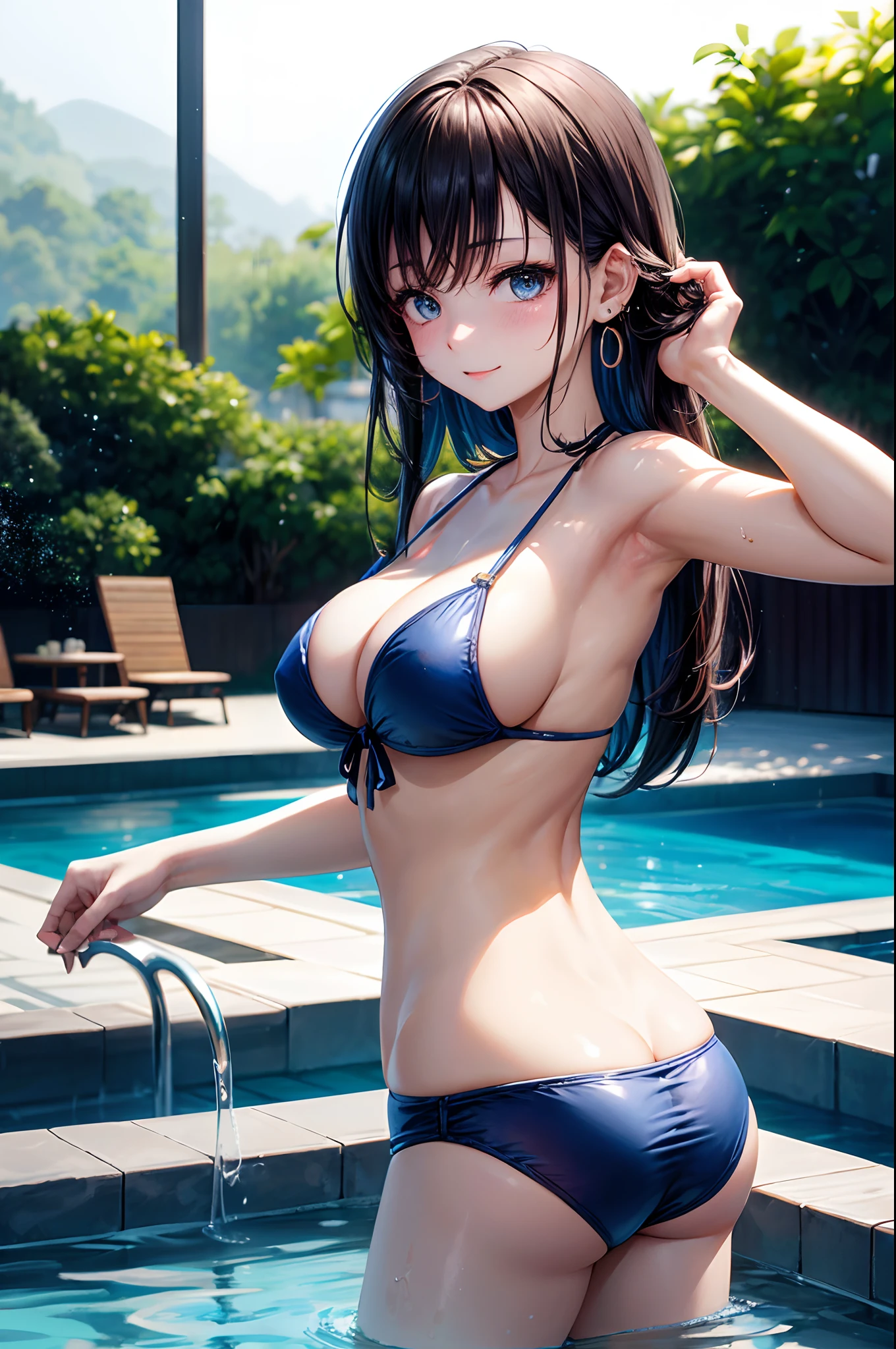 realisitic、top-quality、 1 人、20yr old、Bright flashy hair、piercings、Shy face、Fancy Bikini、beautiful boob 、sexypose、s ass、Example Pool、Particles of light、profetional lighting、blue open sky