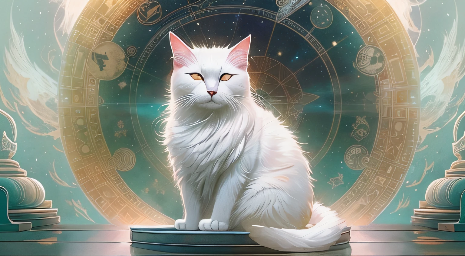 A white furry cat meditating, Buddhist robes, (are in the center:1.4), Universe, Dreamy, concept-art, Misty, elegant, Highly detailed, Greg Rutkowski's style, dim colors, soothing tones