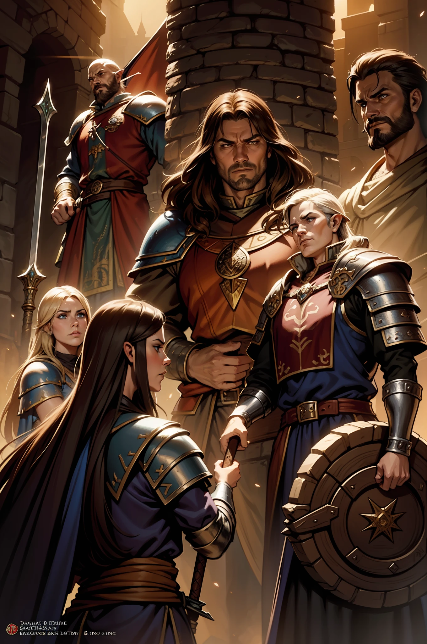 a group of people standing around a castle with swords, dragonlance illustration, roleplaying game art, d&d portrait, d & d digital painting, rpg art, rpg artwork, d&d artwork, dungeons and dragons portrait, d&d characters, dnd party, d & d fantasy art, d & d art, d&d art, dungeons and dragons characters