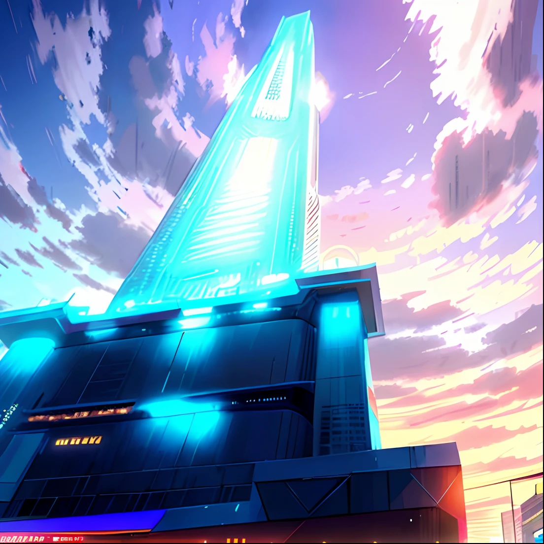 obelisco, town square, Futuristic construction, Cyberpunk, Cyberpunk buildings in the background, fundo desfocado, UHD, detalhada