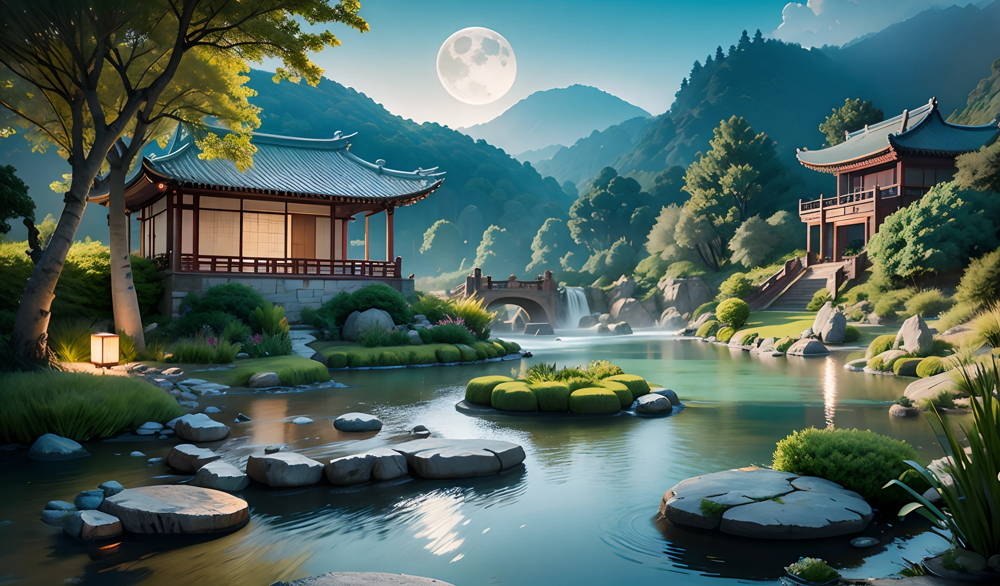 9:16 Full picture, ancient Chinese architecture, hazy moon, night, garden, bamboo, lake, stone bridge, rockery, arch, corner, rockery, tree, running water, landscape, outdoor, waterfall, grass, rock, water lily, hot spring , Water Vapor, (Illustration: 1.0), Epic Composition, Detail Enhancement, Detail Enhancement. Realistic lighting, HD details, masterpiece, best quality, (very detailed CG unity 8k wallpaper), (best quality)