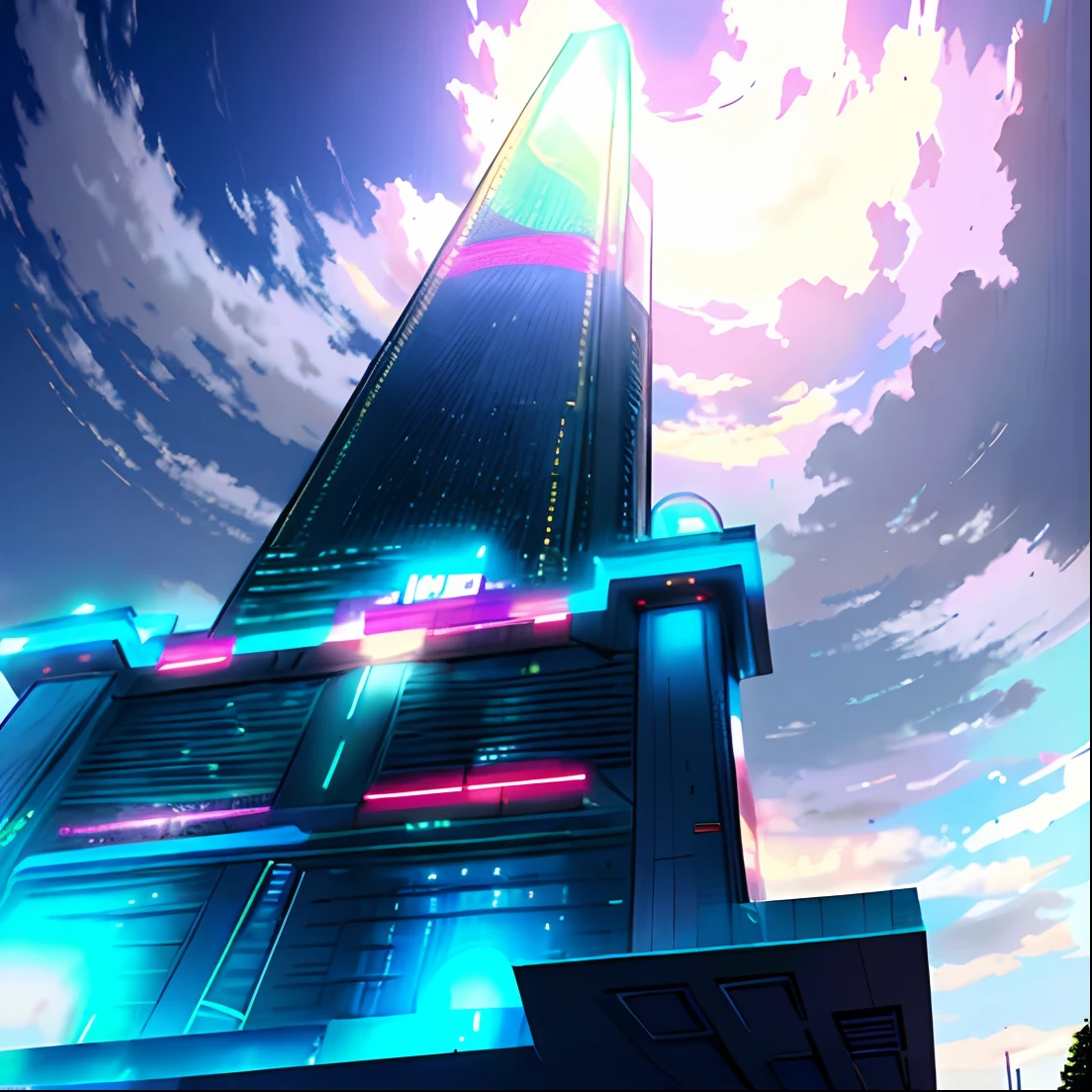 obelisco, town square, Futuristic construction, Cyberpunk, Cyberpunk buildings in the background, fundo desfocado, UHD, detalhada